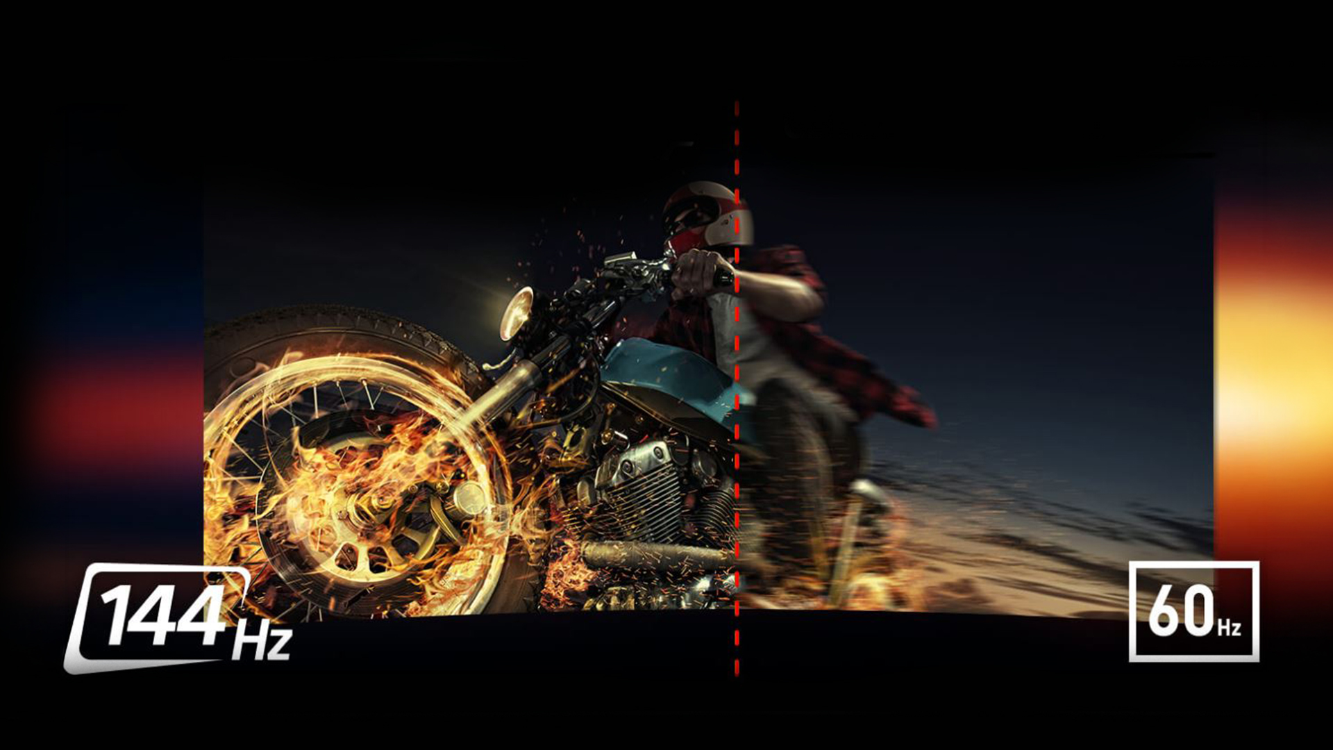 Side-by-side comparison of 144Hz and 60Hz refresh rates on a racing graphic.
