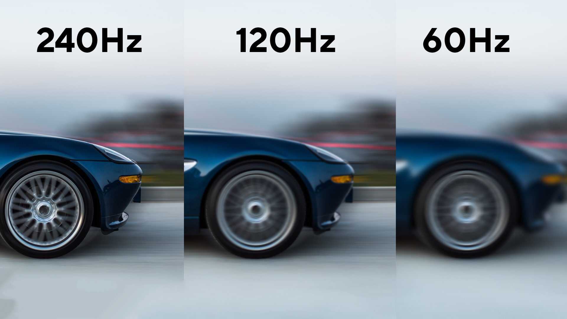 Visual comparison of motion blur across 240Hz, 120Hz, and 60Hz refresh rates.