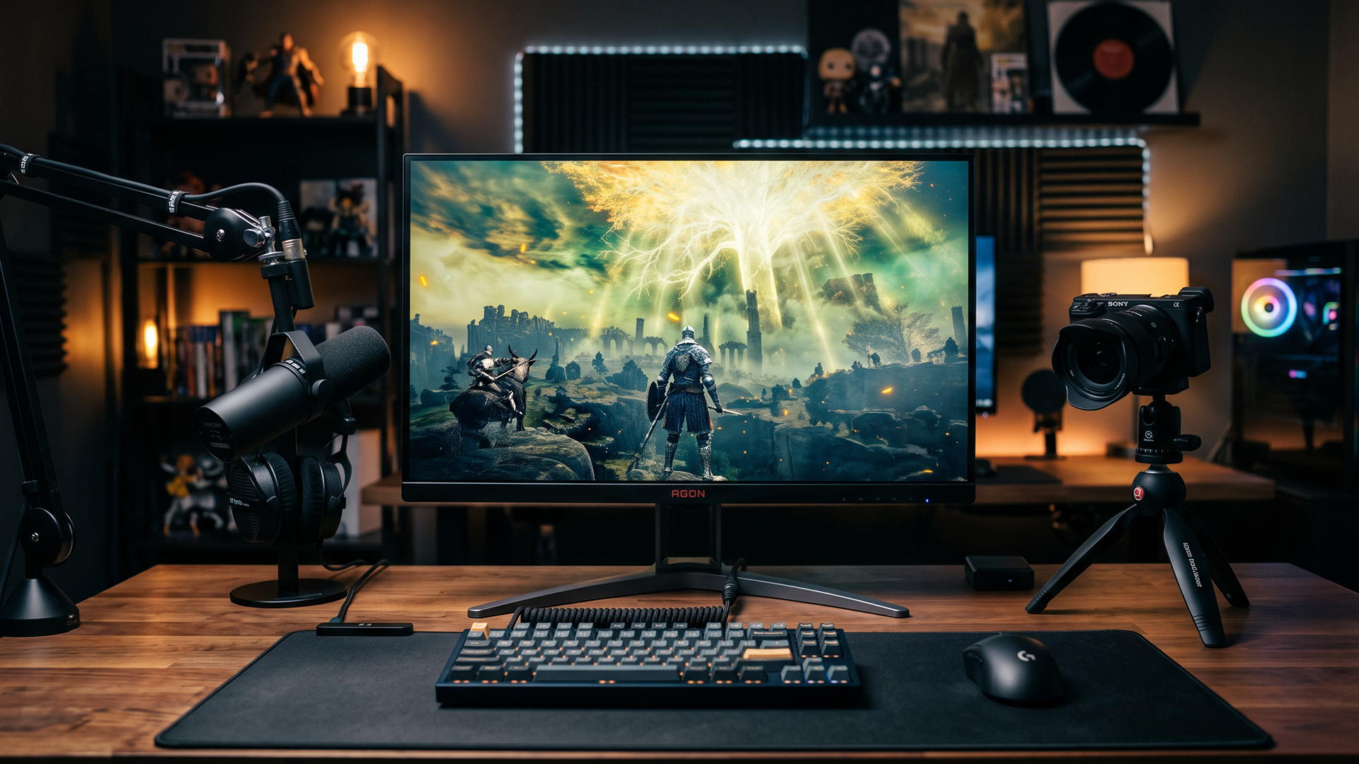 27-inch gaming monitor displaying an RPG game on a wooden desk with a camera and mic.