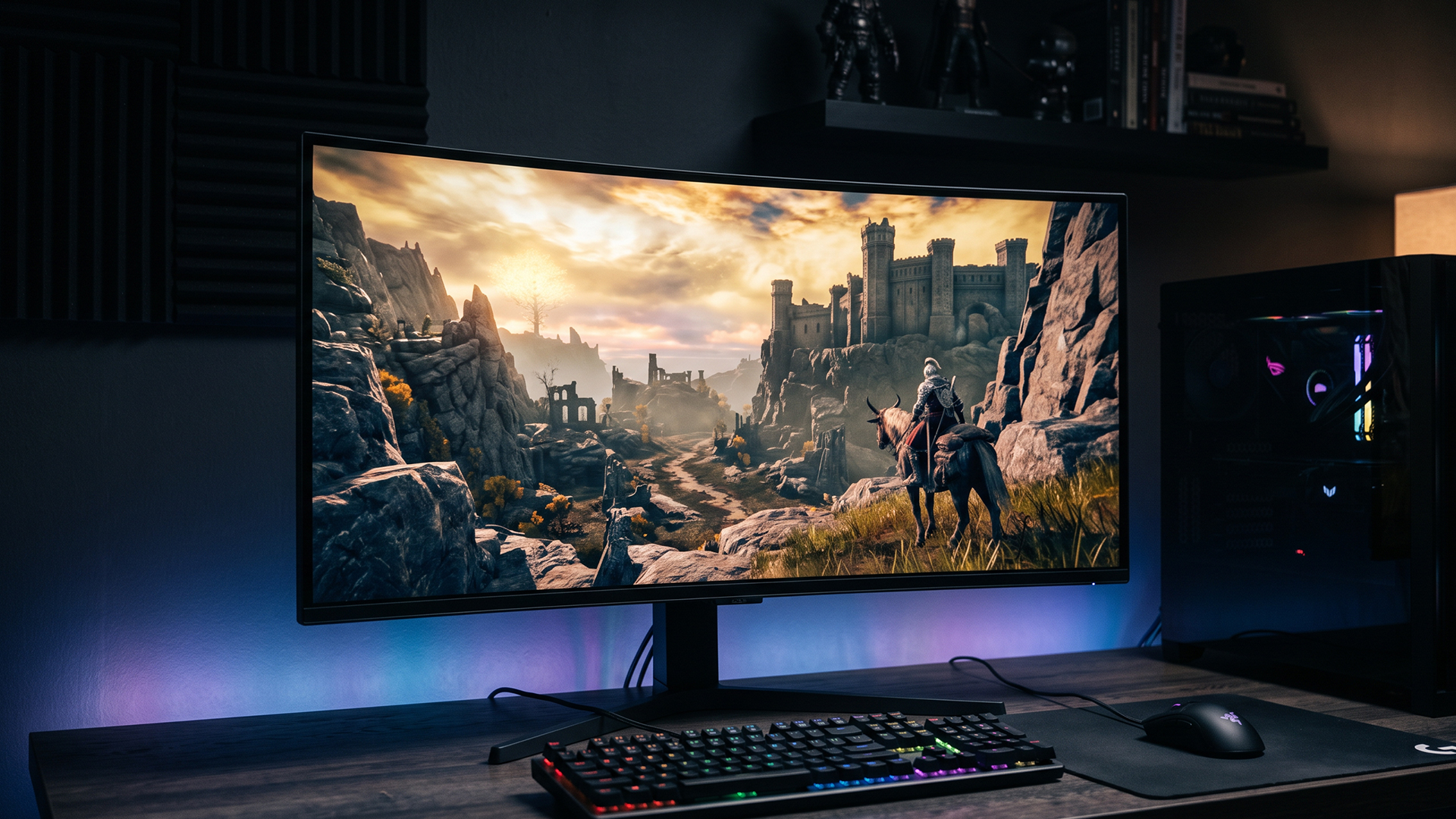 Curved 4K gaming monitor displaying a medieval castle game on a wooden desk.