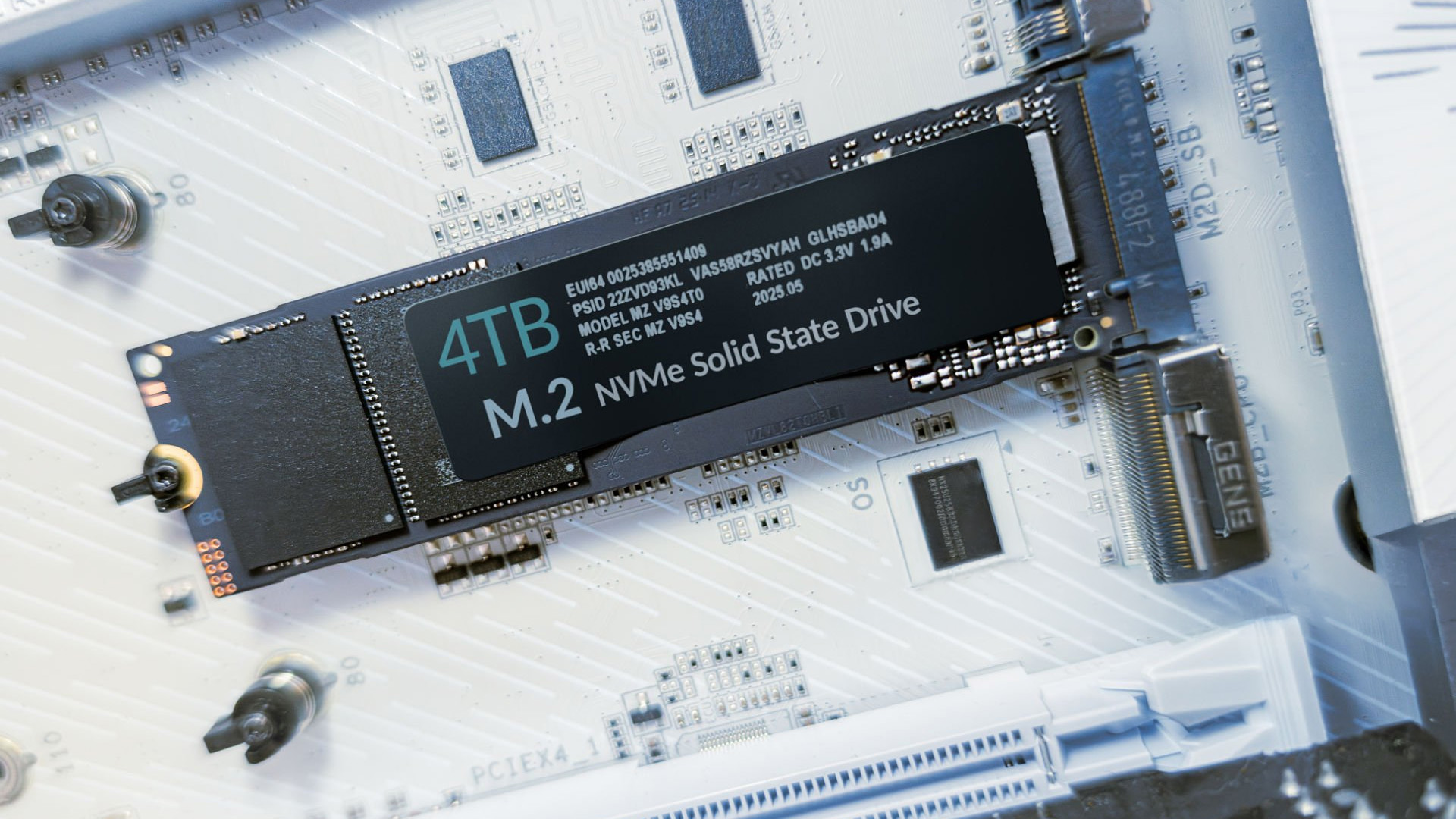 A 4TB NVMe solid state drive securely installed on a white desktop PC motherboard.
