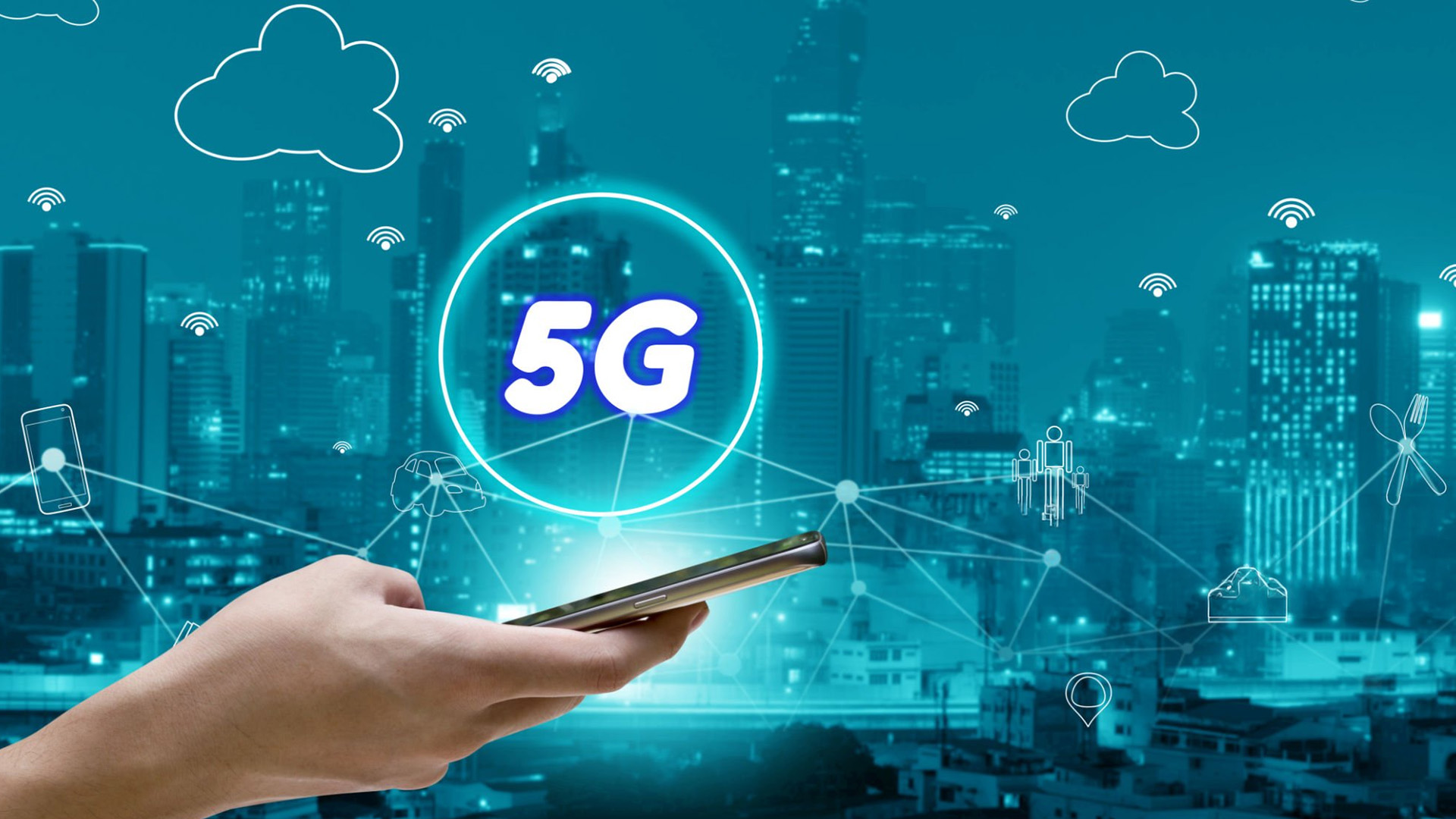 A person holding a 5G smartphone against a city background with digital network connectivity graphics.