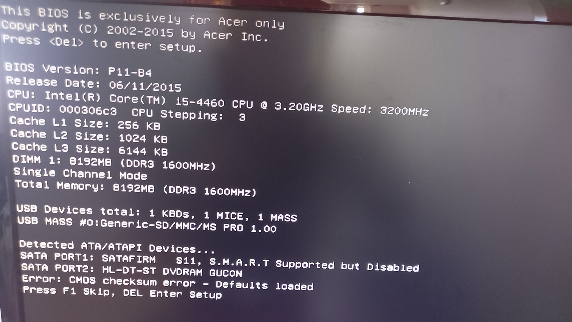 An Acer BIOS utility screen displaying system information and detected SATA storage devices.