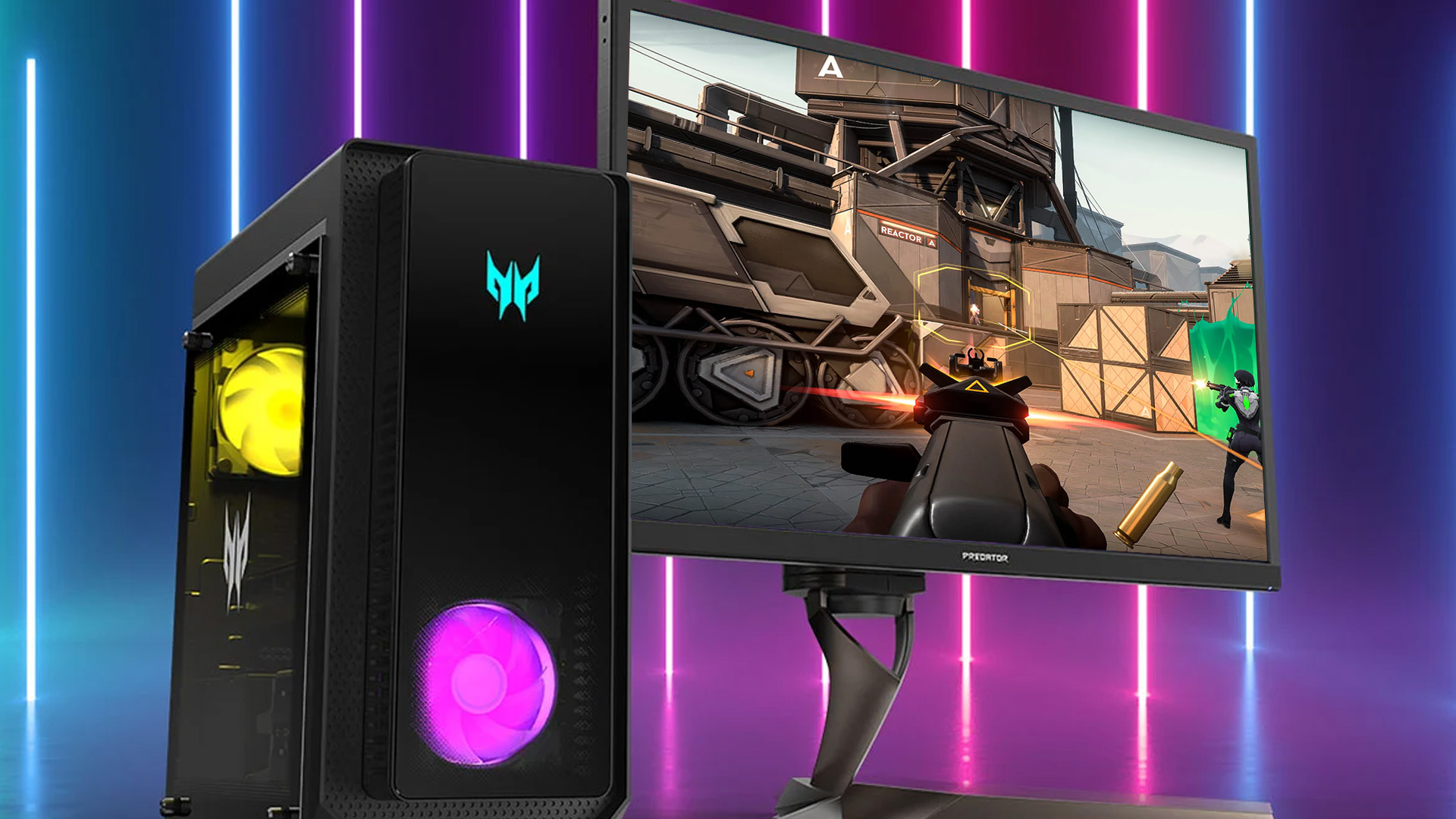Acer Predator gaming desktop tower beside a monitor displaying Valorant.