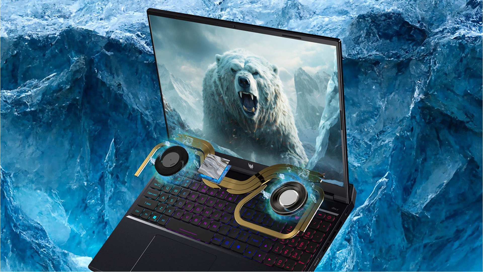Acer Predator Helios laptop diagram showing internal AeroBlade fans and cooling system.