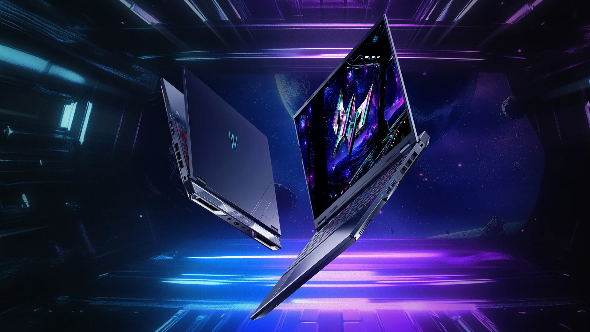 Two Acer Predator Helios gaming laptops floating in a futuristic neon space setup.