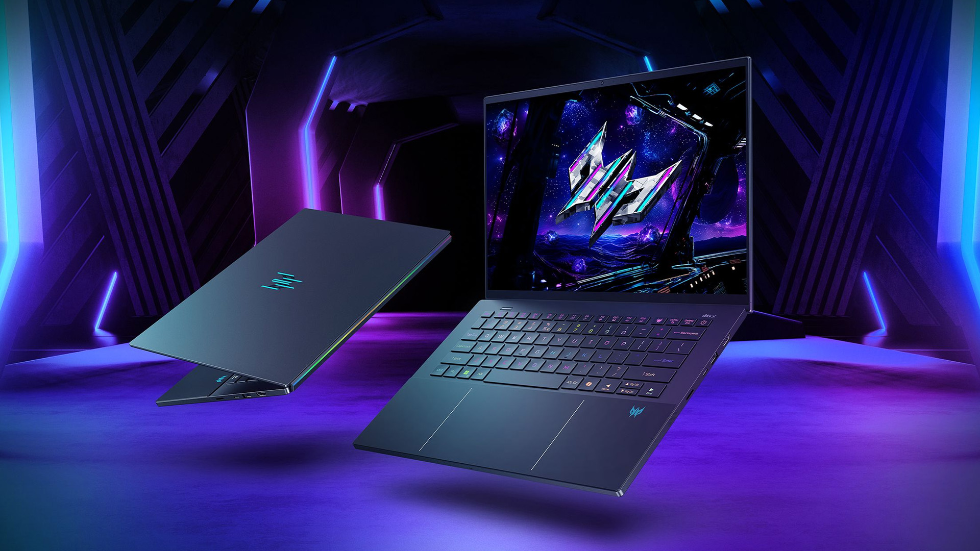 Acer Predator gaming laptop open and closed floating against neon lighting.