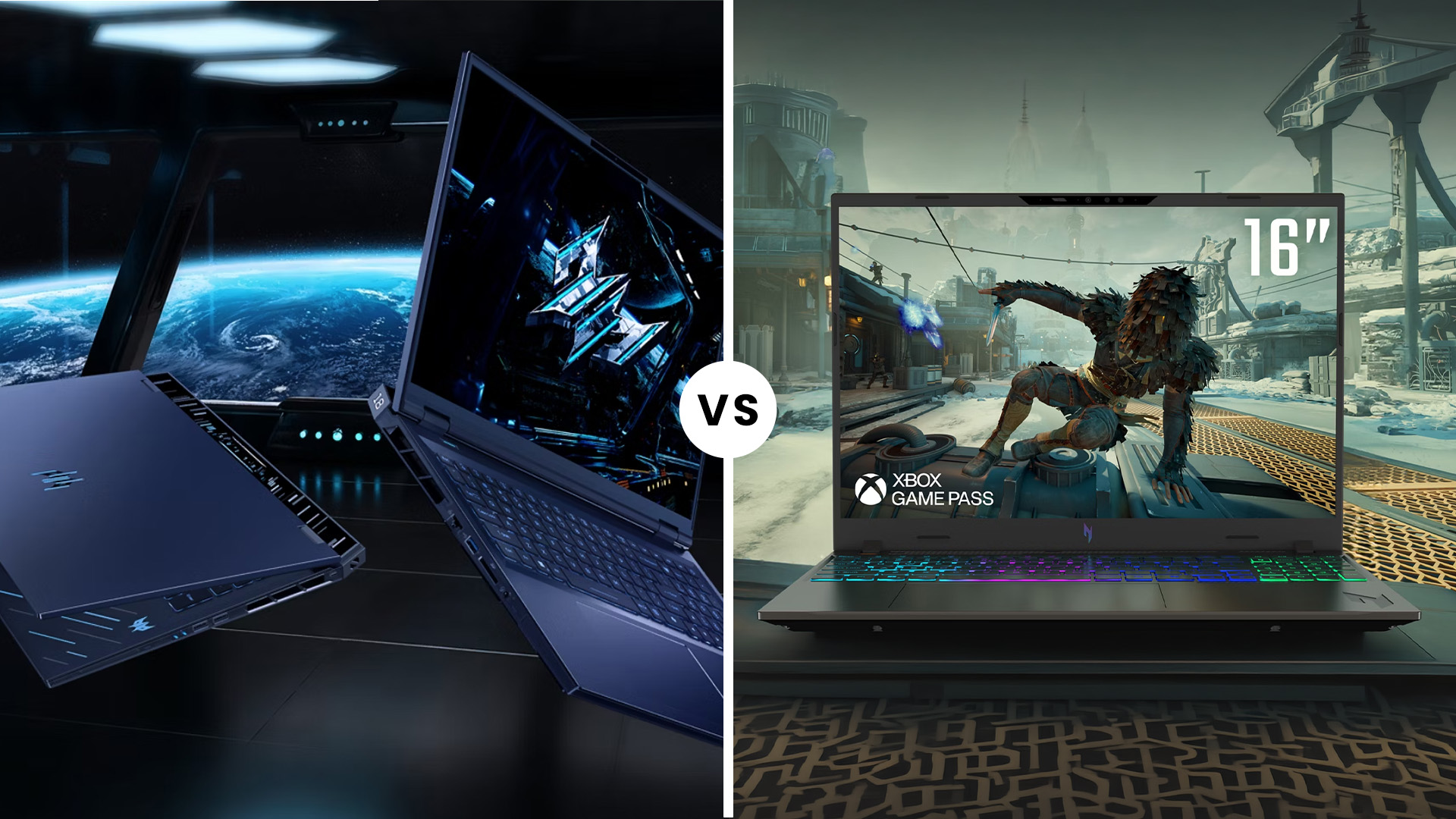 Side-by-side comparison of Acer Predator and Acer Nitro 16-inch laptops.