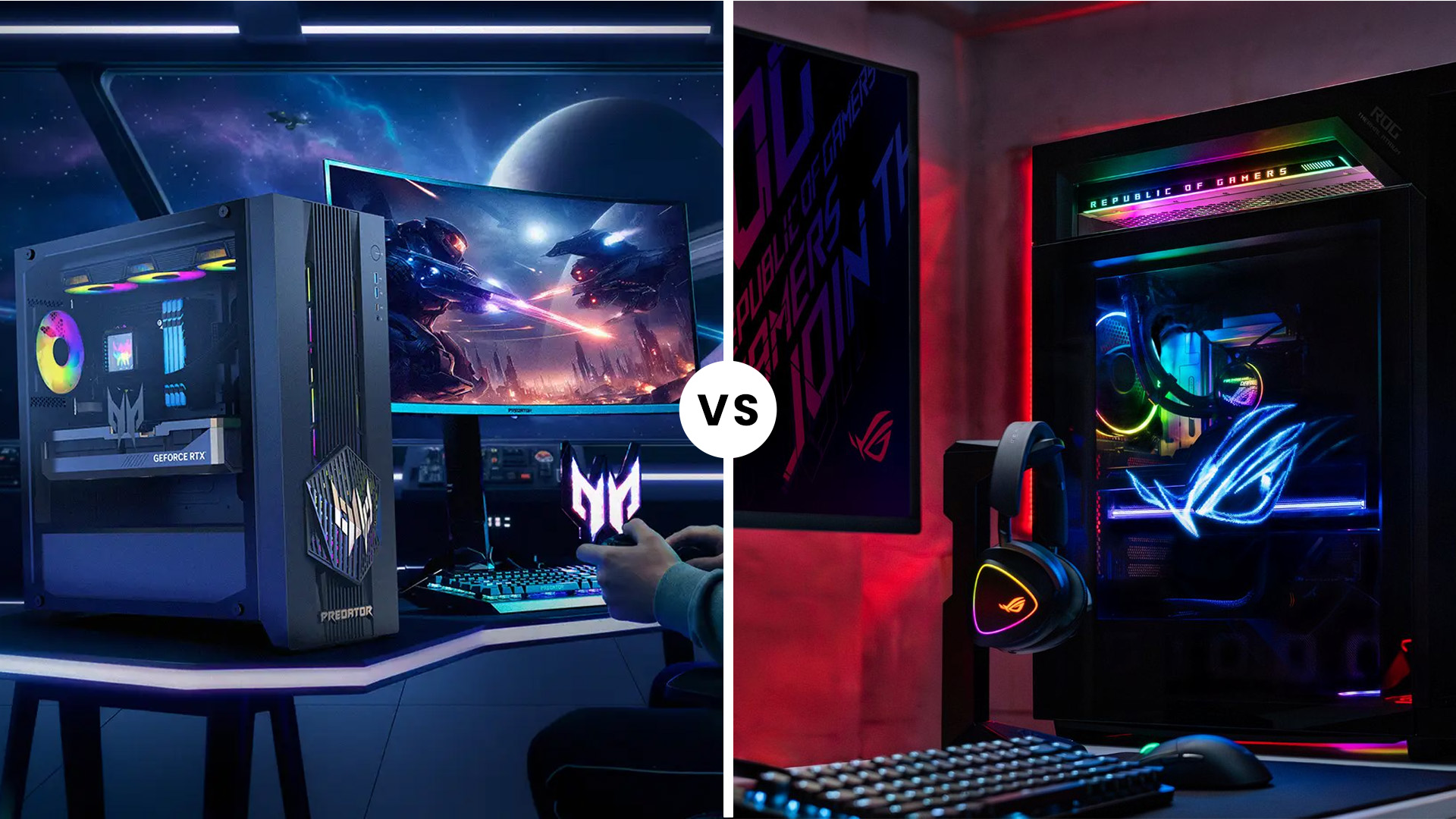 Side-by-side comparison of an Acer Predator gaming desktop on the left and an ASUS ROG gaming PC on the right.