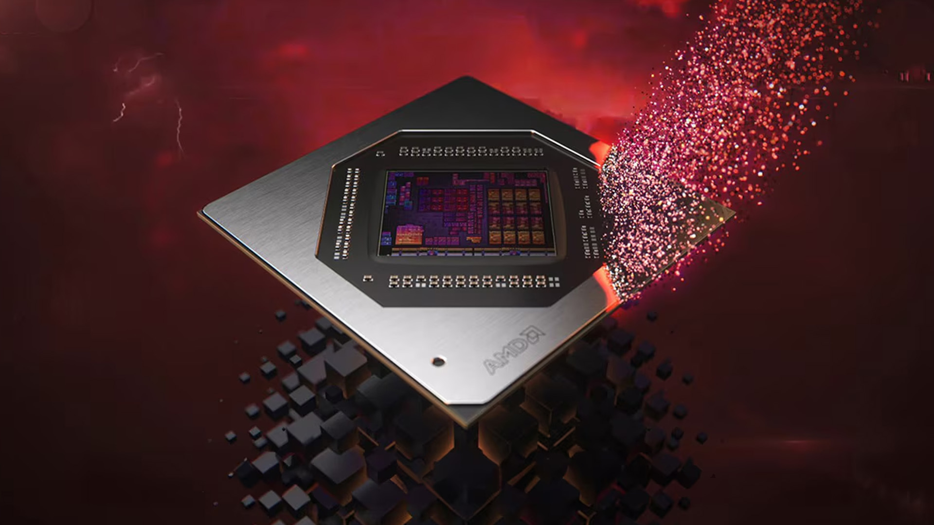 Futuristic abstract 3D rendering of an AMD GPU silicon chip.