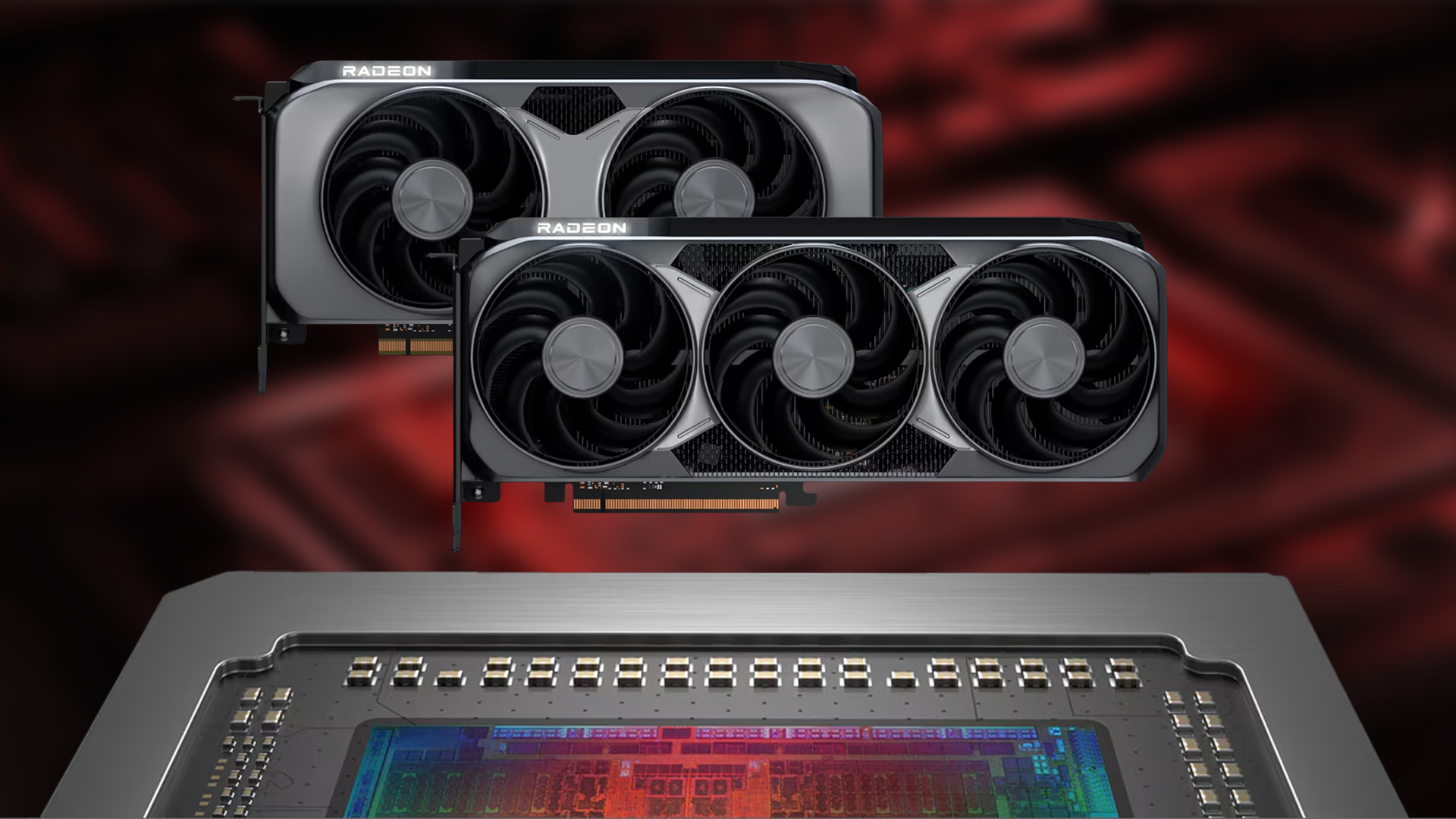 Two triple-fan AMD Radeon graphics cards above a GPU chip.