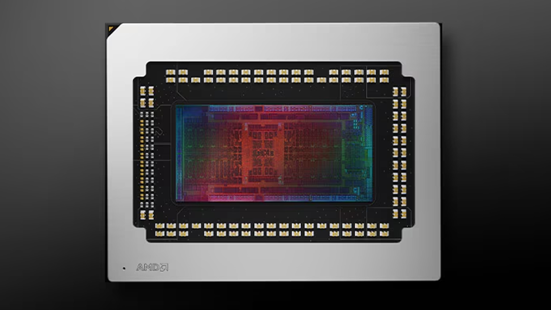 Close-up of a next-generation AMD GPU silicon die package.