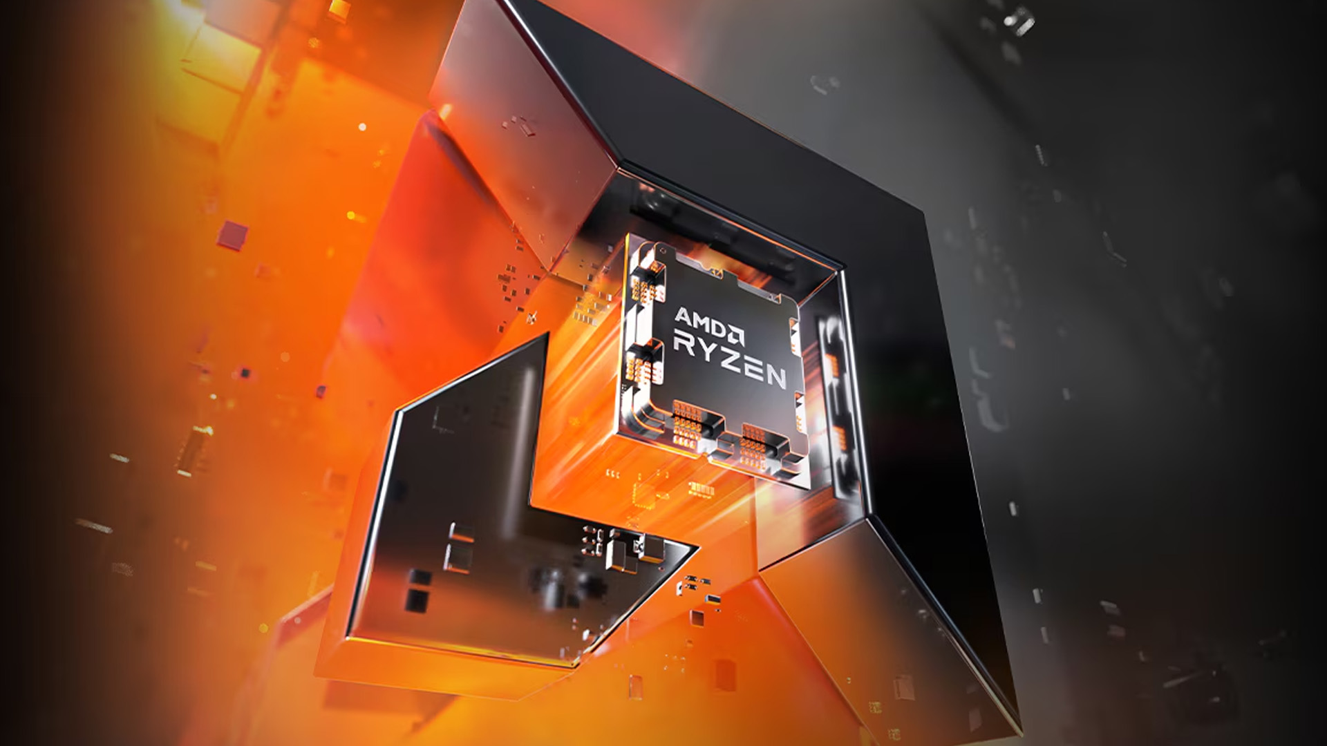 AMD Ryzen processor chip floating with glowing orange 3D background elements.