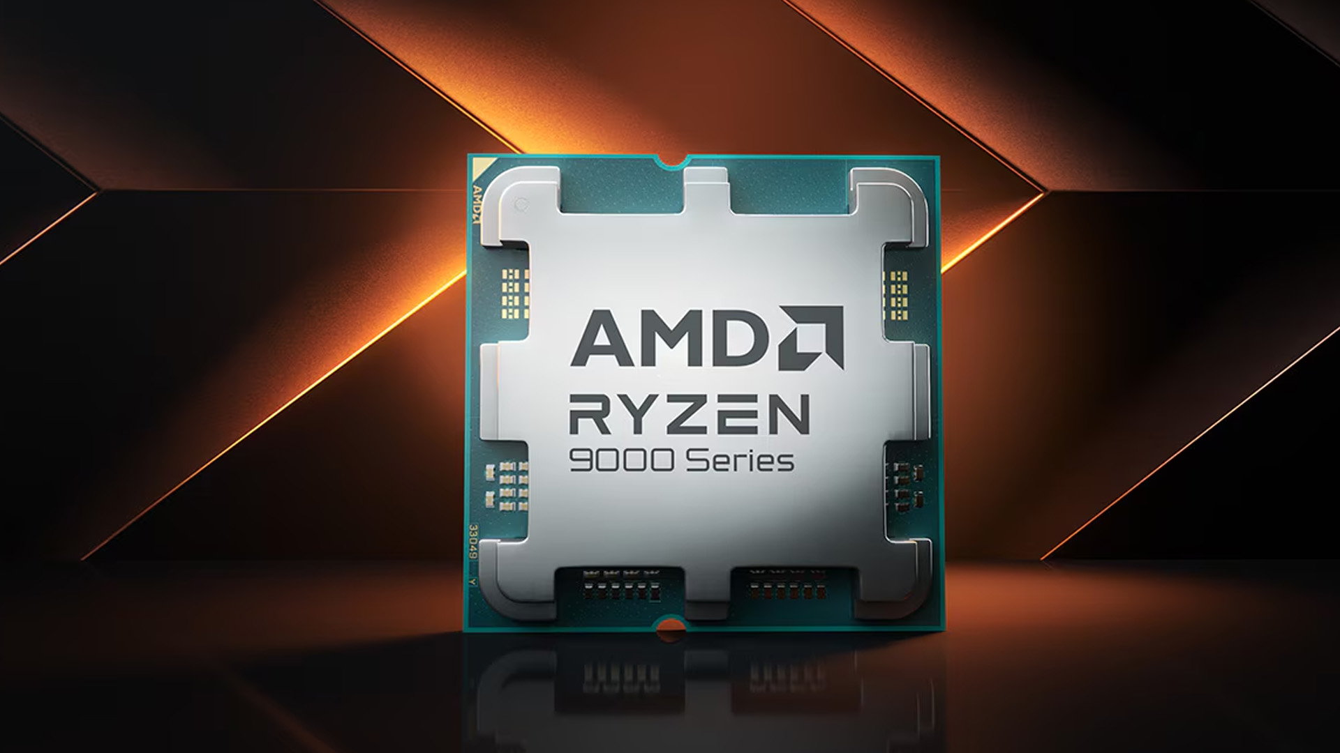 A close-up view of an AMD Ryzen 9000 Series desktop processor on a dark surface.