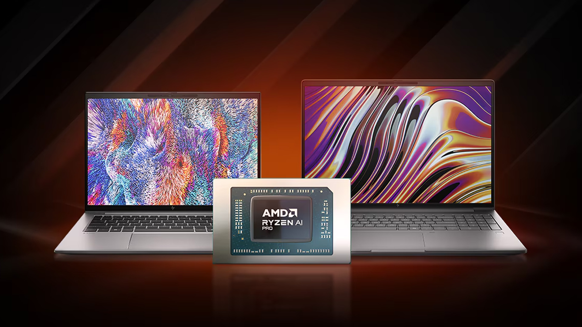 An AMD Ryzen AI Pro processor chip placed in front of two open laptops.