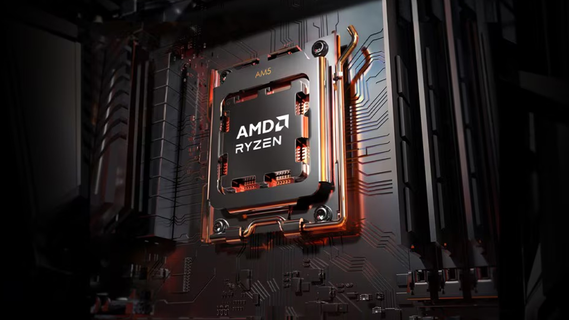 An AMD Ryzen processor installed securely in an AM5 motherboard socket.