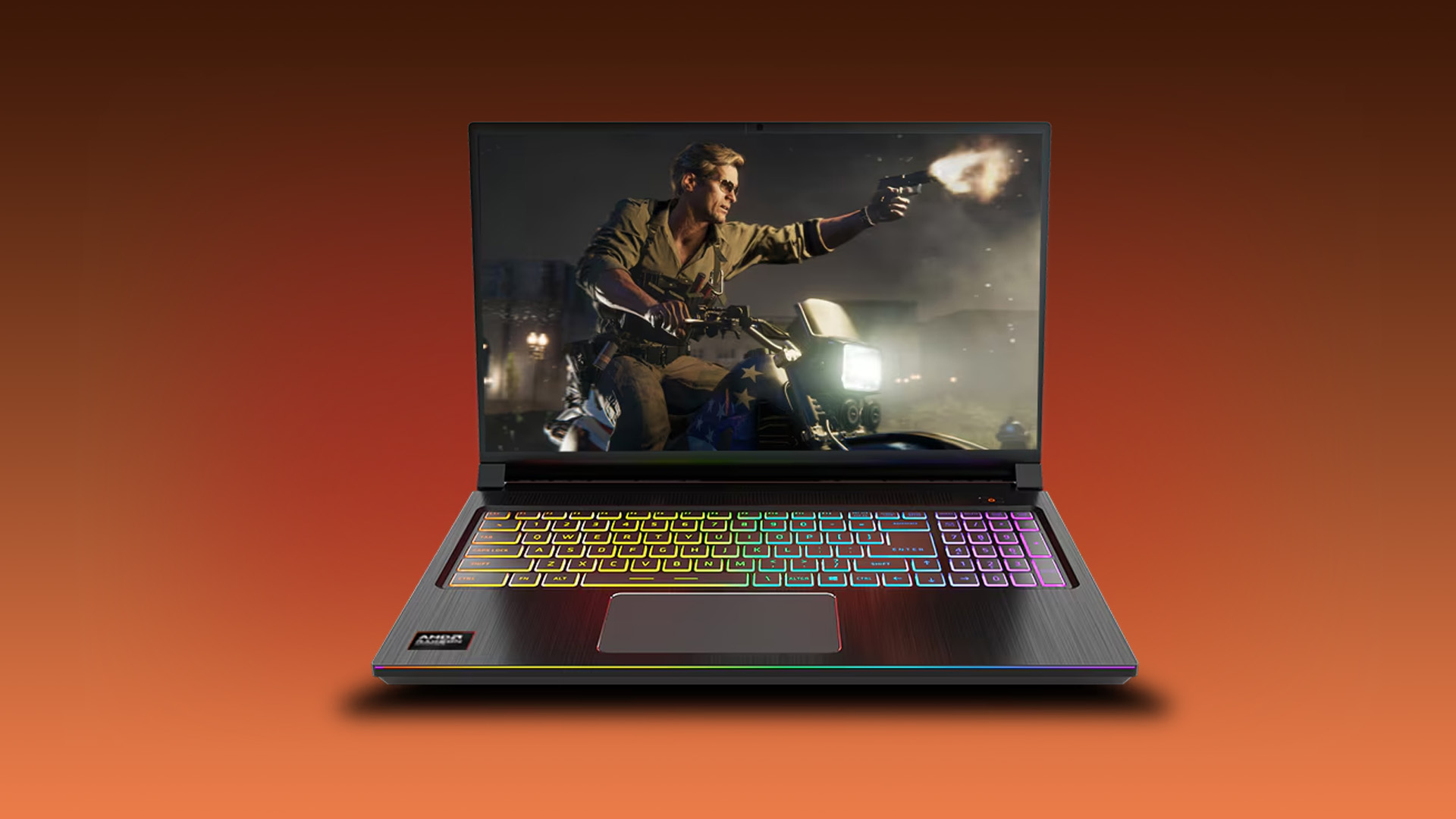 Gaming laptop with an RGB keyboard displaying a motorcycle action video game.