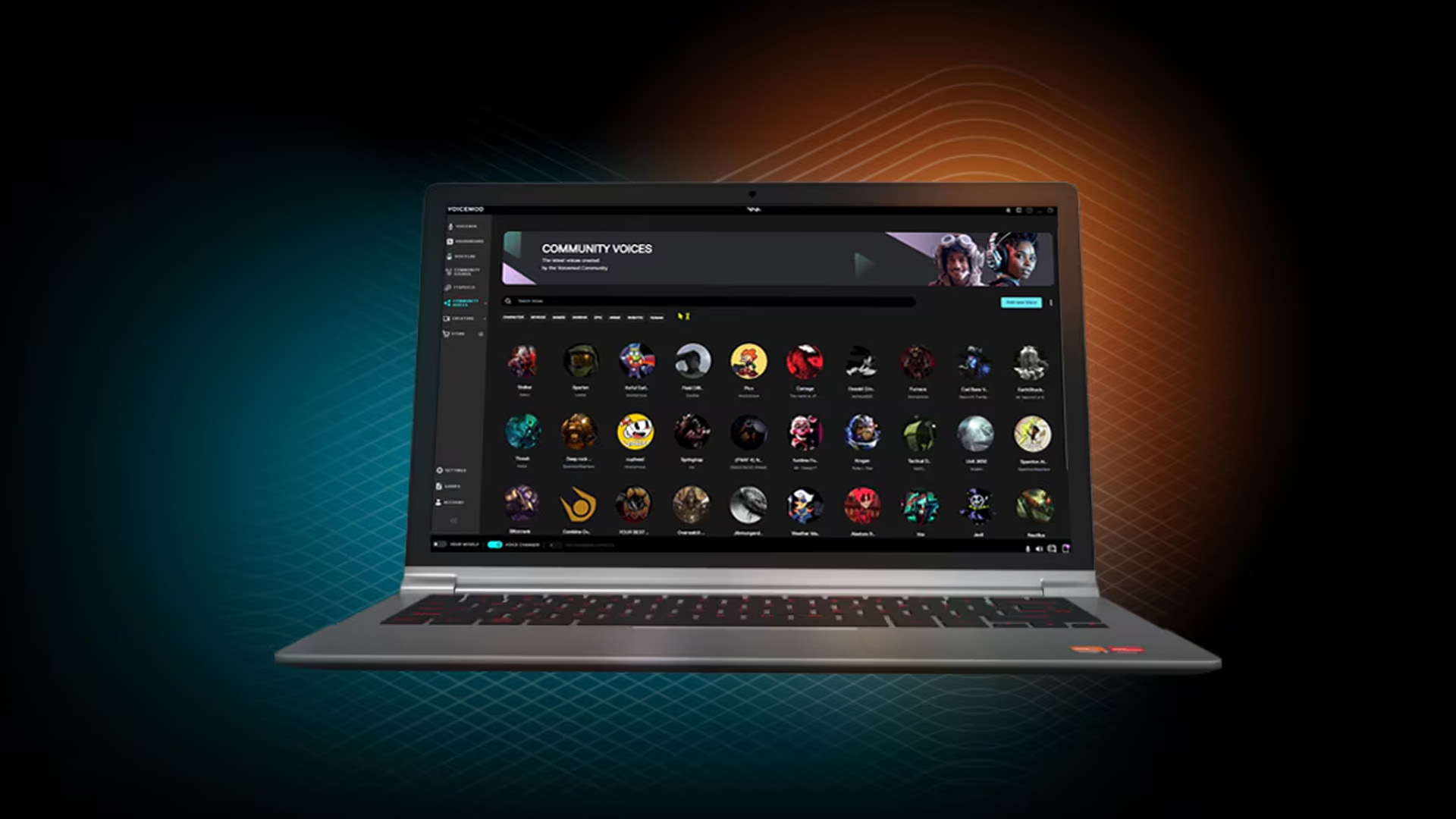 An AMD Ryzen laptop open on a table running Voicemod software.