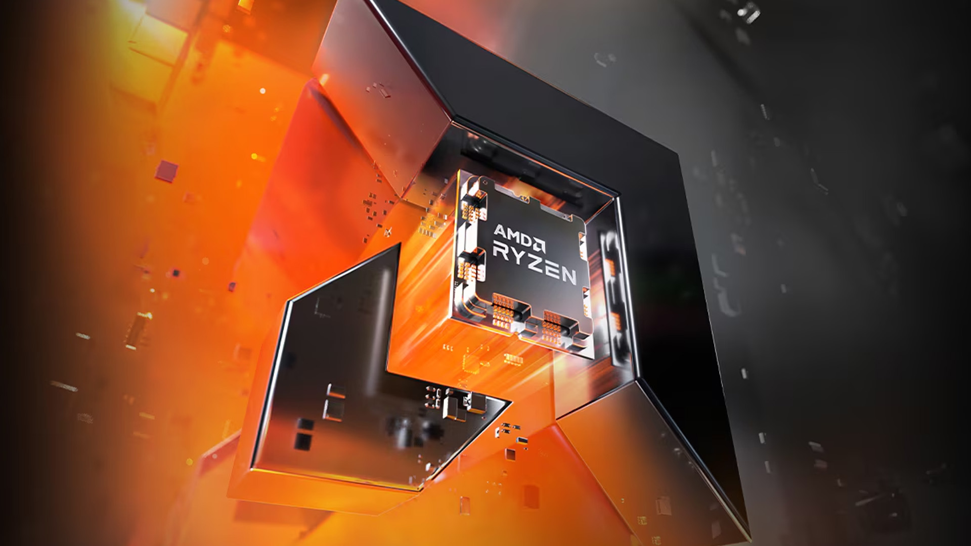 An artistic 3D rendering of an AMD Ryzen processor chip glowing with orange light.