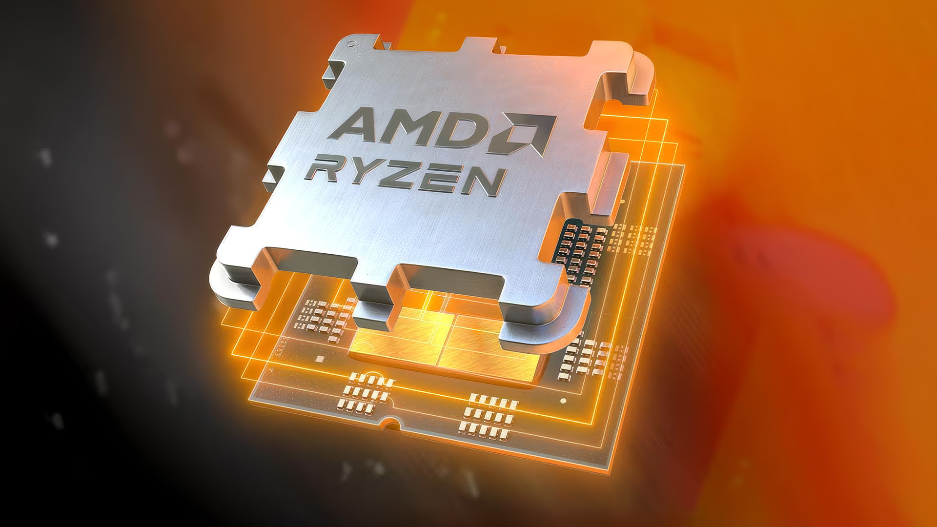 Detailed macro graphic of a glowing AMD Ryzen processor chip showing internal layers.