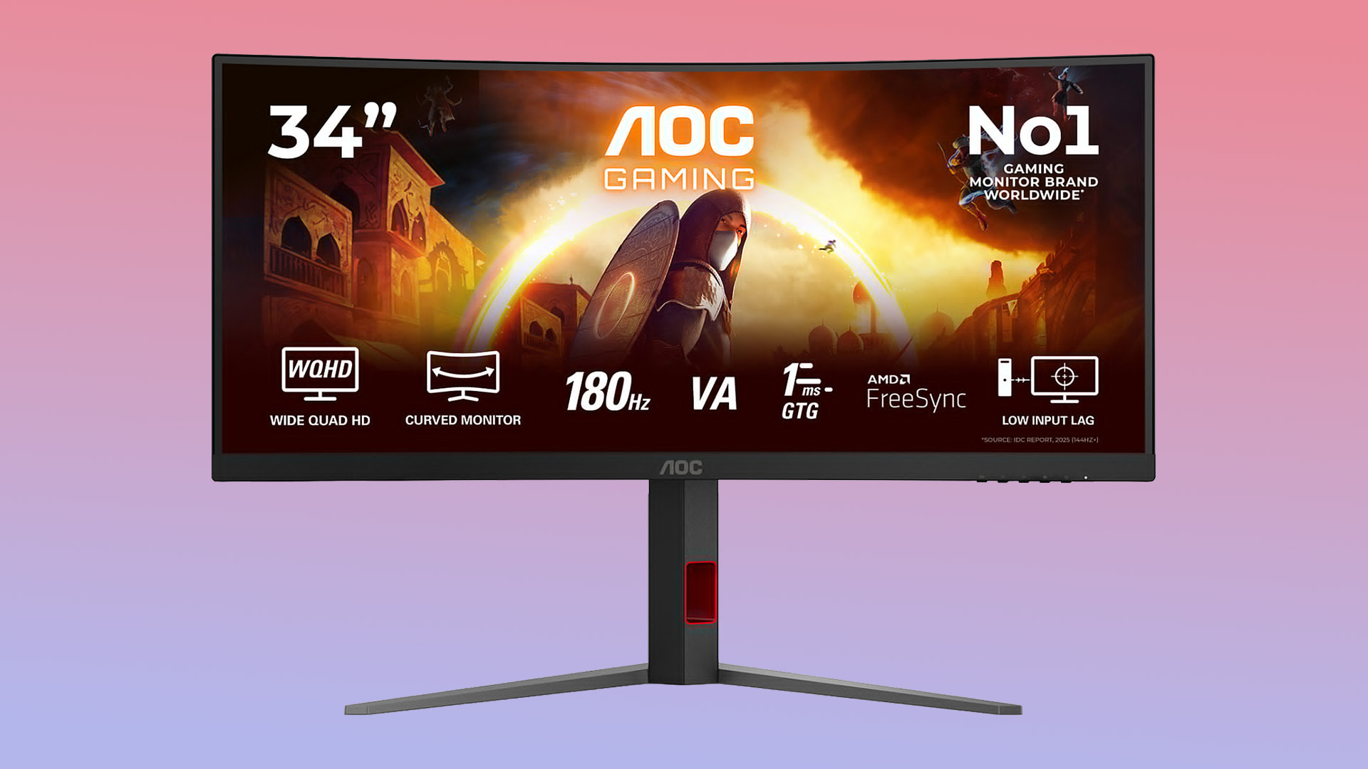 An AOC 34-inch curved WQHD gaming monitor highlighting key gaming specifications.