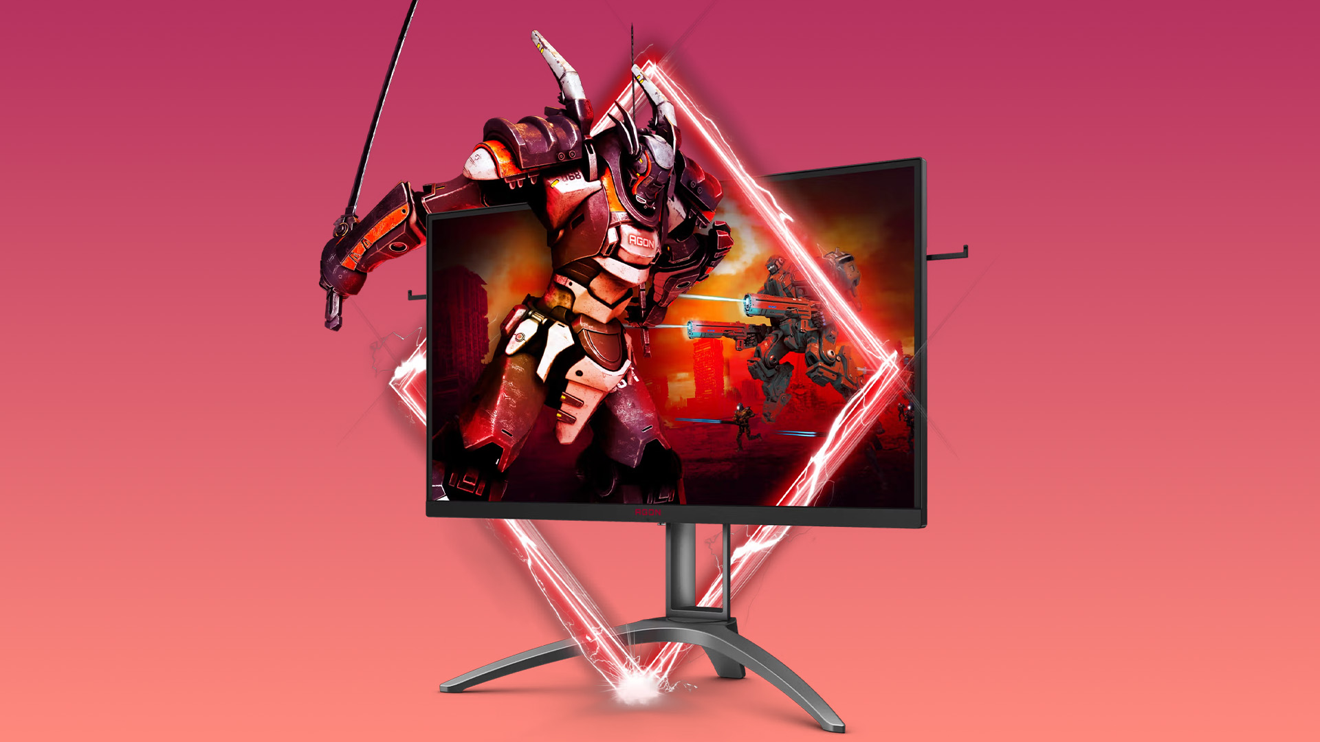 AOC AGON gaming monitor displaying a 3D robotic mech warrior graphic.