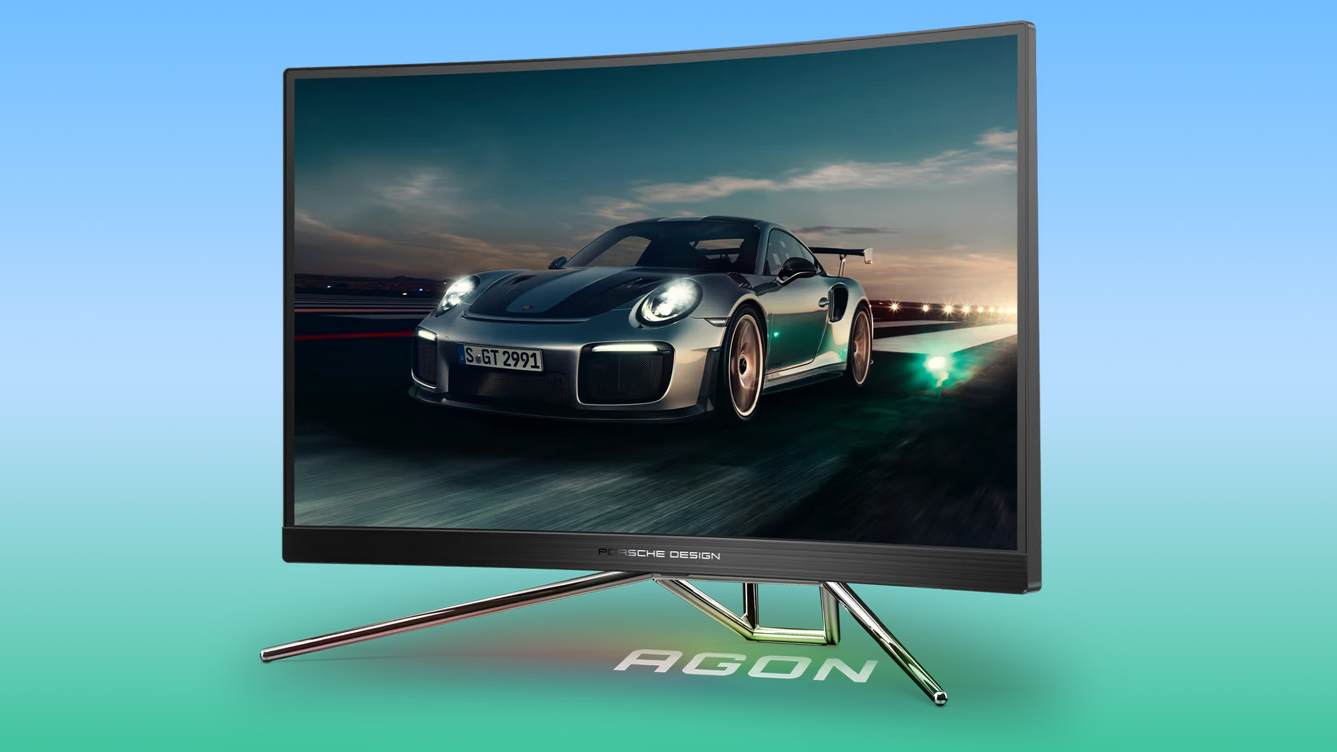 AOC AGON Porsche Design curved gaming monitor displaying a sports car.