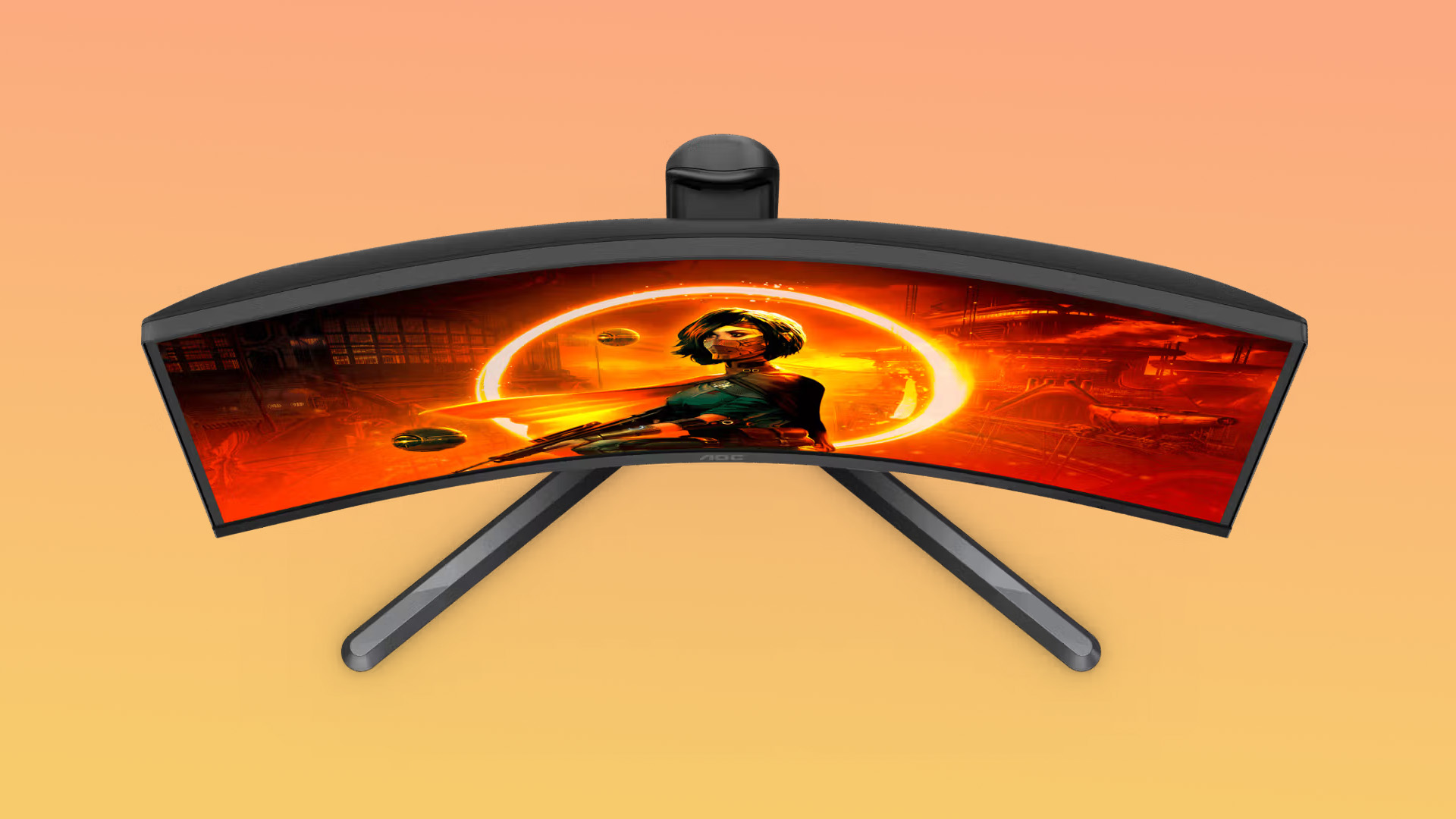 A top-down view of an AOC curved gaming monitor displaying a vibrant game scene.