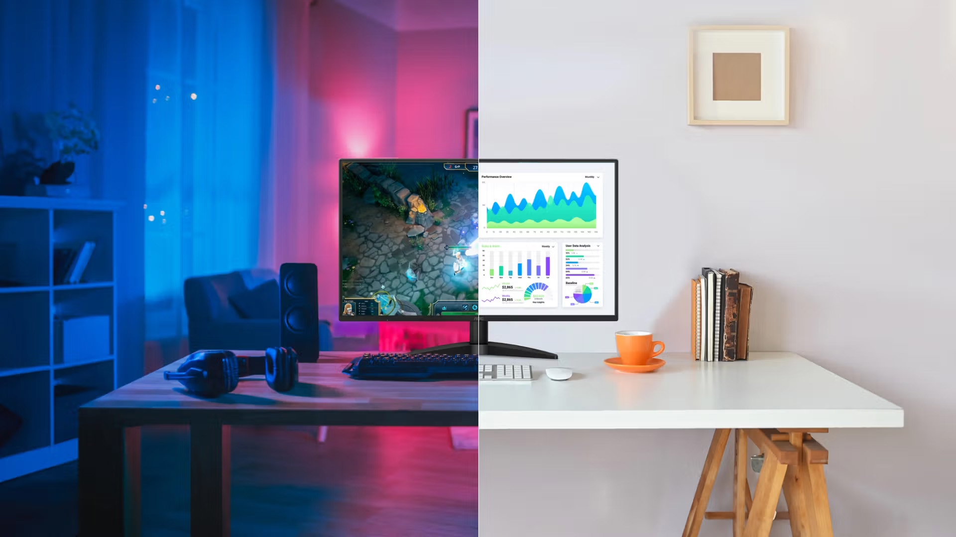 Split view of an AOC monitor showing gaming on the left and office charts on the right.