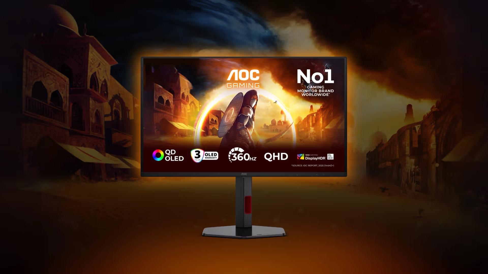 AOC QD-OLED gaming monitor showing a warrior game scene and 360Hz specs.