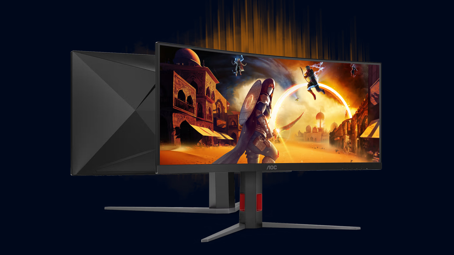 An AOC ultrawide curved gaming monitor showing an immersive fantasy adventure game.
