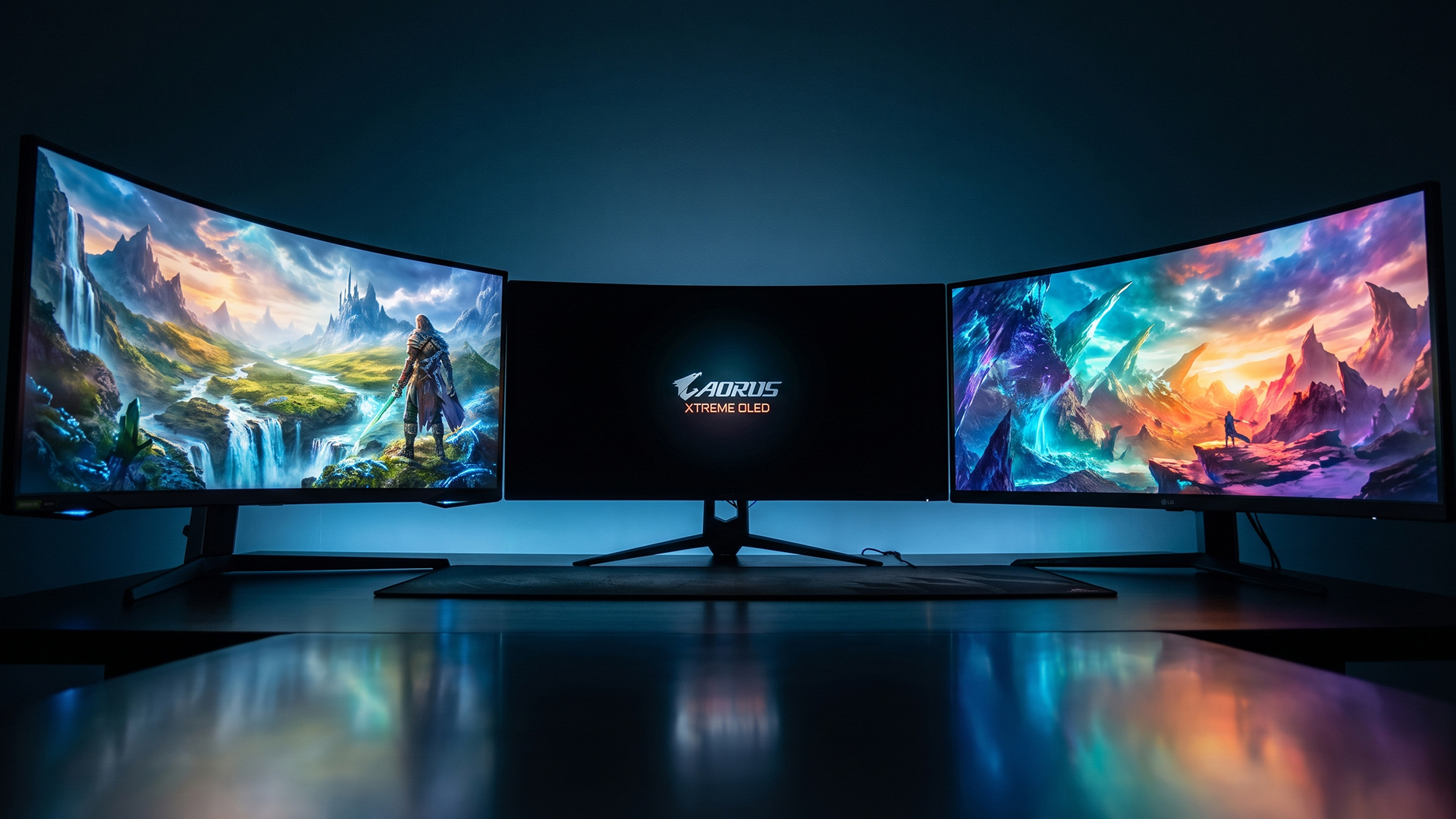Three curved OLED gaming monitors displaying vibrant fantasy games on a desk.