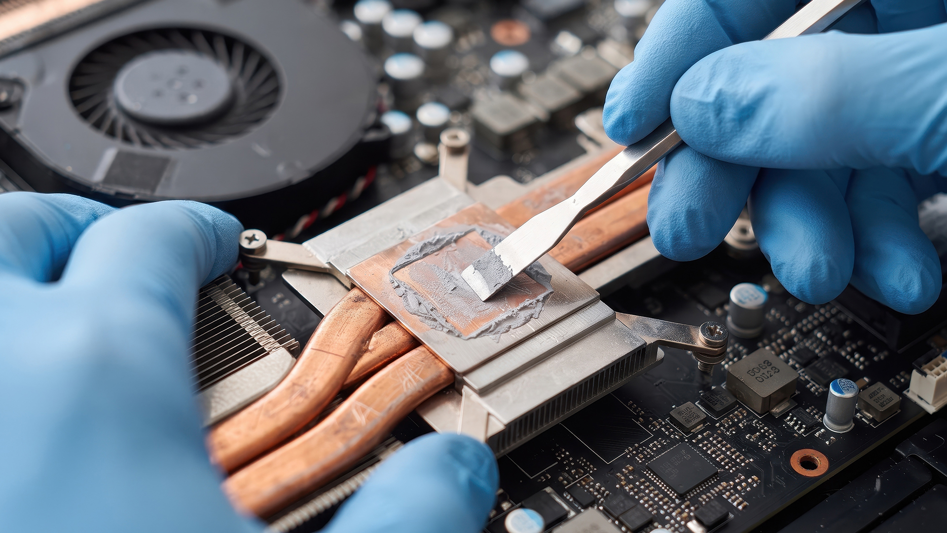 Hands applying thermal paste to a CPU cooler heatsink.