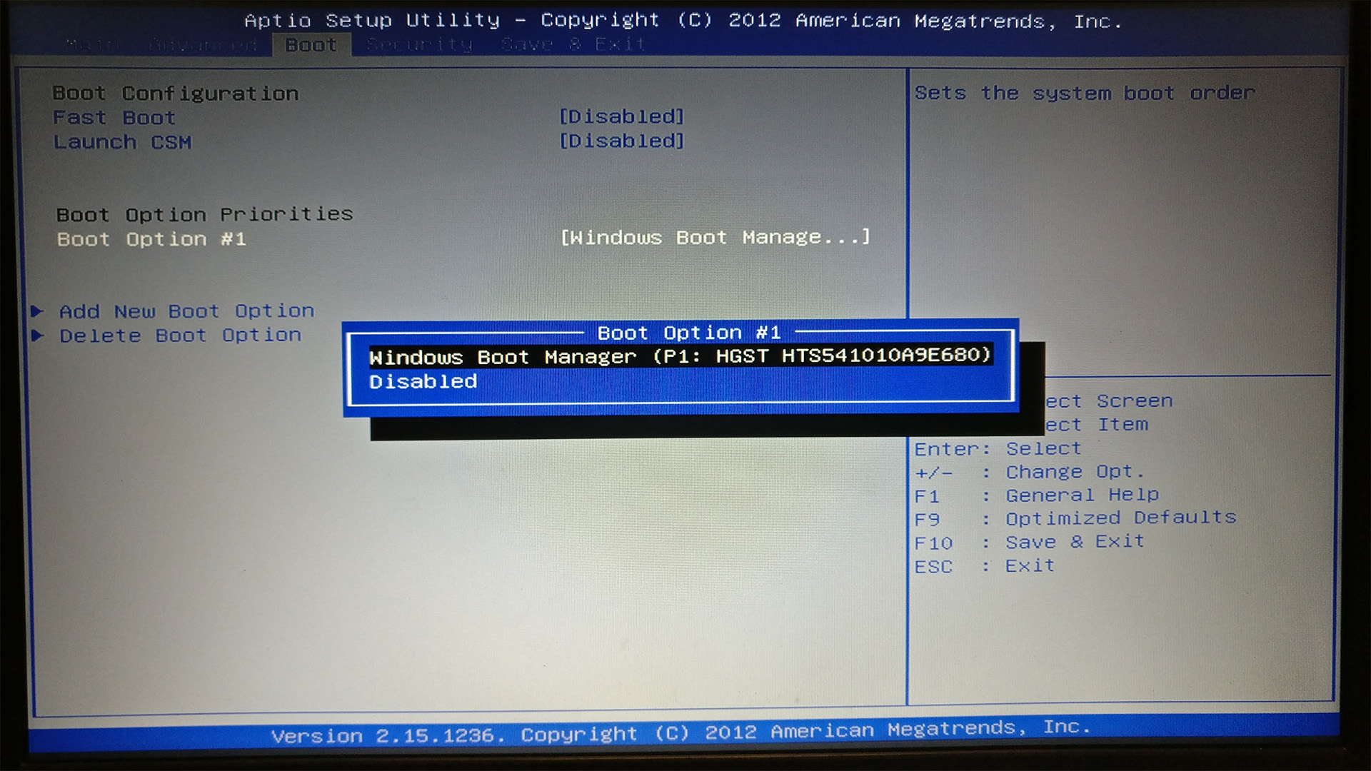 Aptio setup utility boot option priorities menu showing Windows Boot Manager selection.