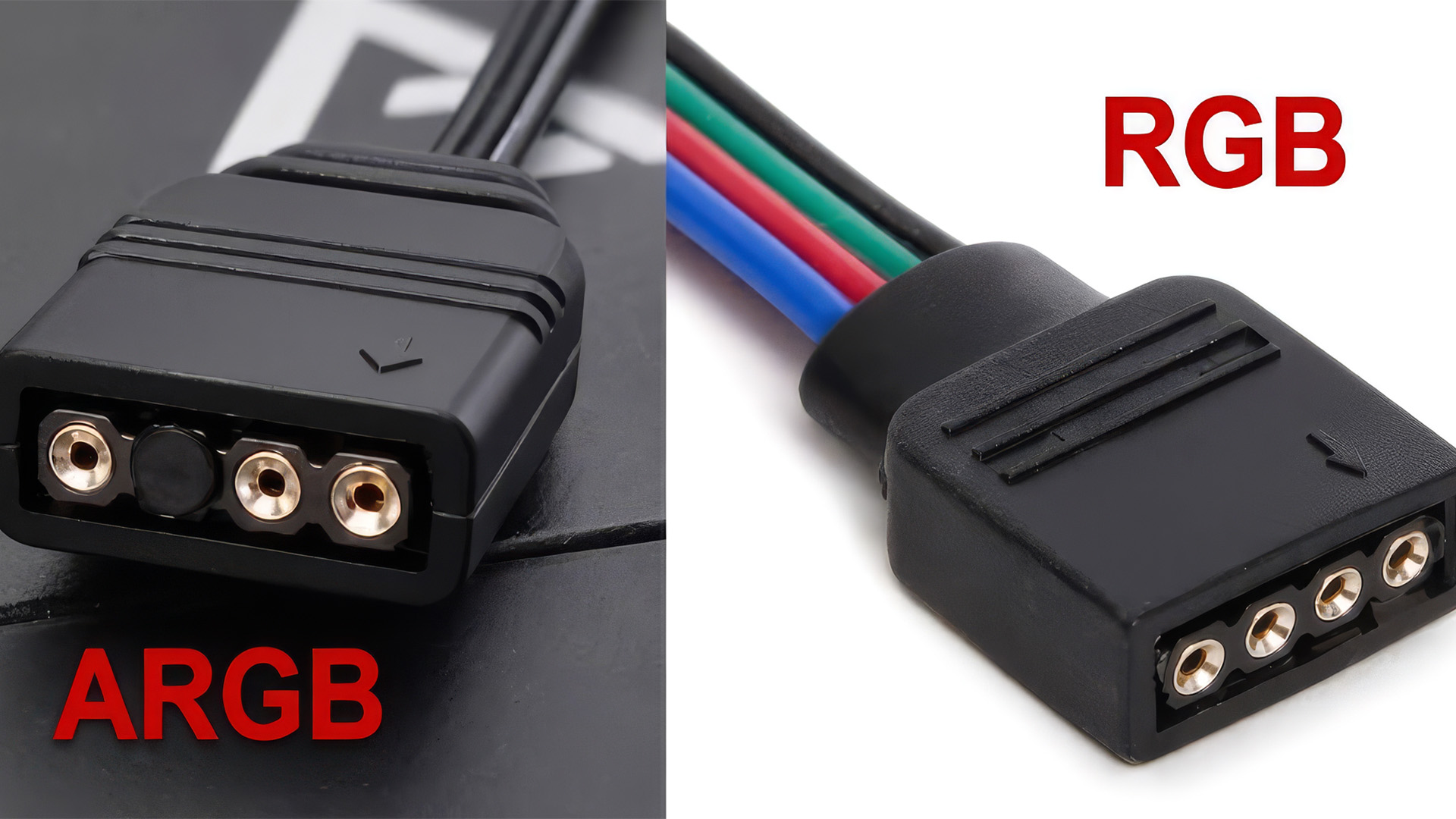 Side-by-side comparison of 5V ARGB and standard 12V RGB lighting cables and connectors.