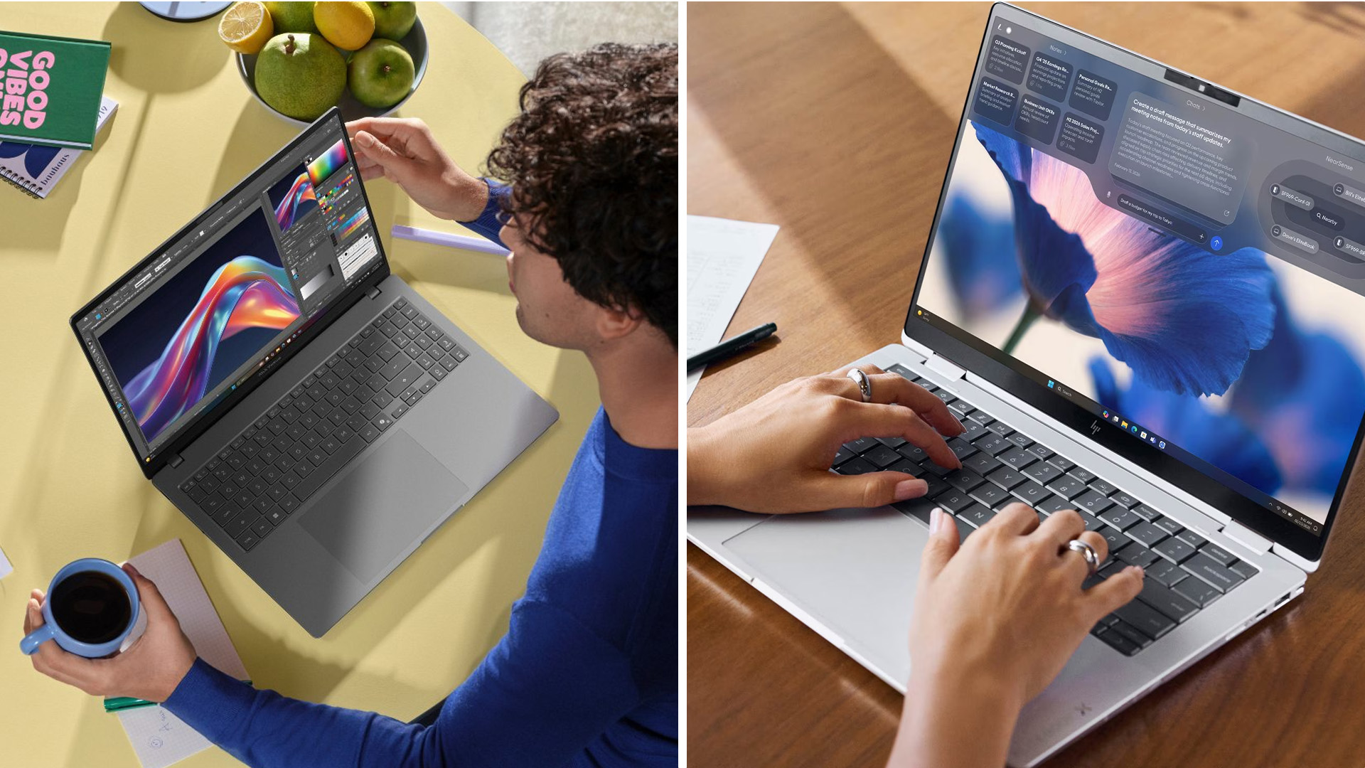 Two professionals working creatively on ASUS and HP laptops at a bright desk.