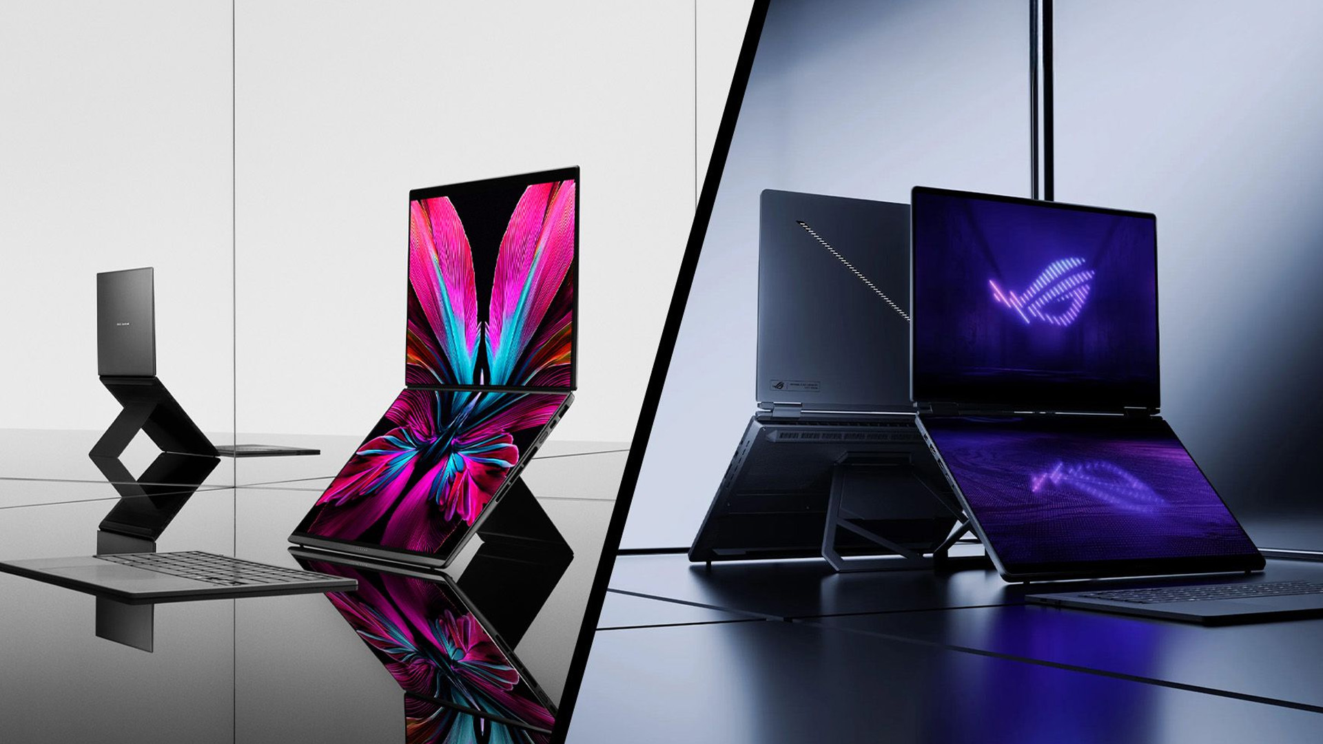 Modern ASUS dual-screen laptops showcasing vibrant colorful displays on a reflective surface.
