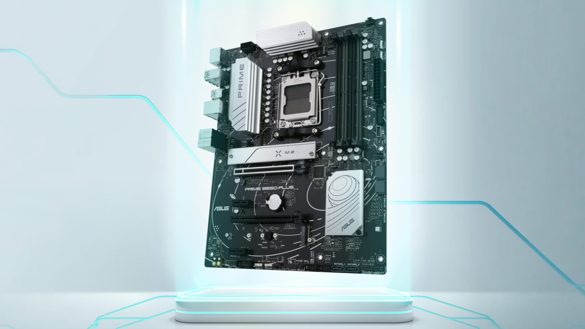 Modern desktop motherboard shown floating against a clean white background.