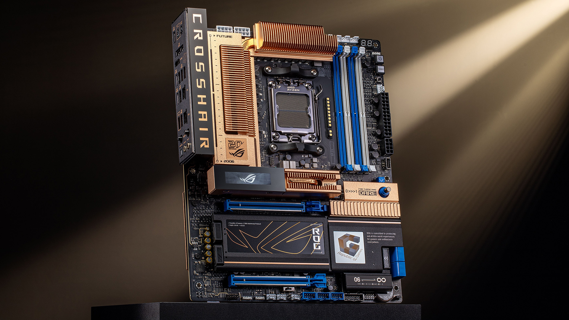 Advanced Asus ROG Crosshair AM5 motherboard with copper heatsinks.