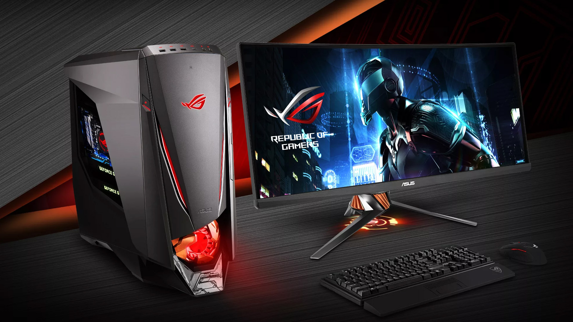 ASUS ROG desktop tower and monitor displaying a sci-fi character alongside a gaming keyboard.