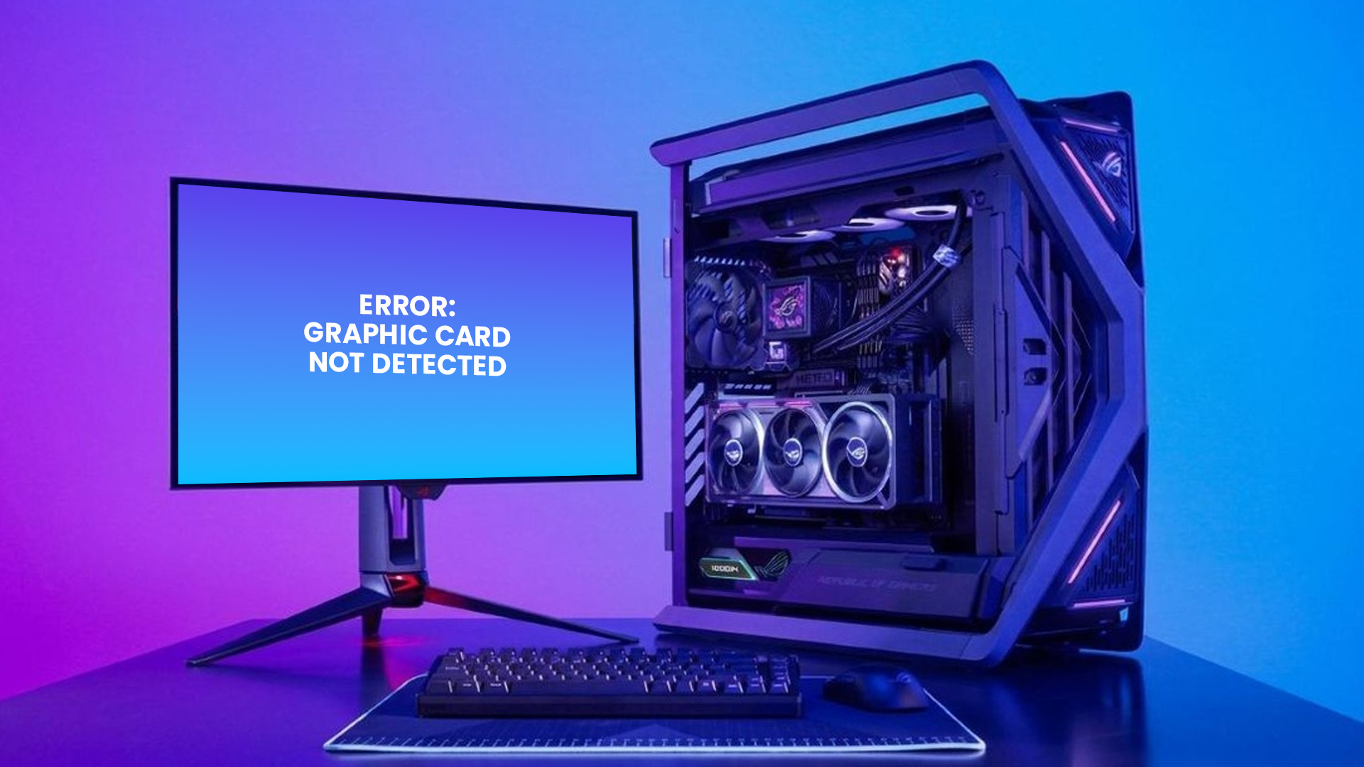 A high-end ASUS ROG gaming rig with an open case next to a monitor displaying a graphics card error.