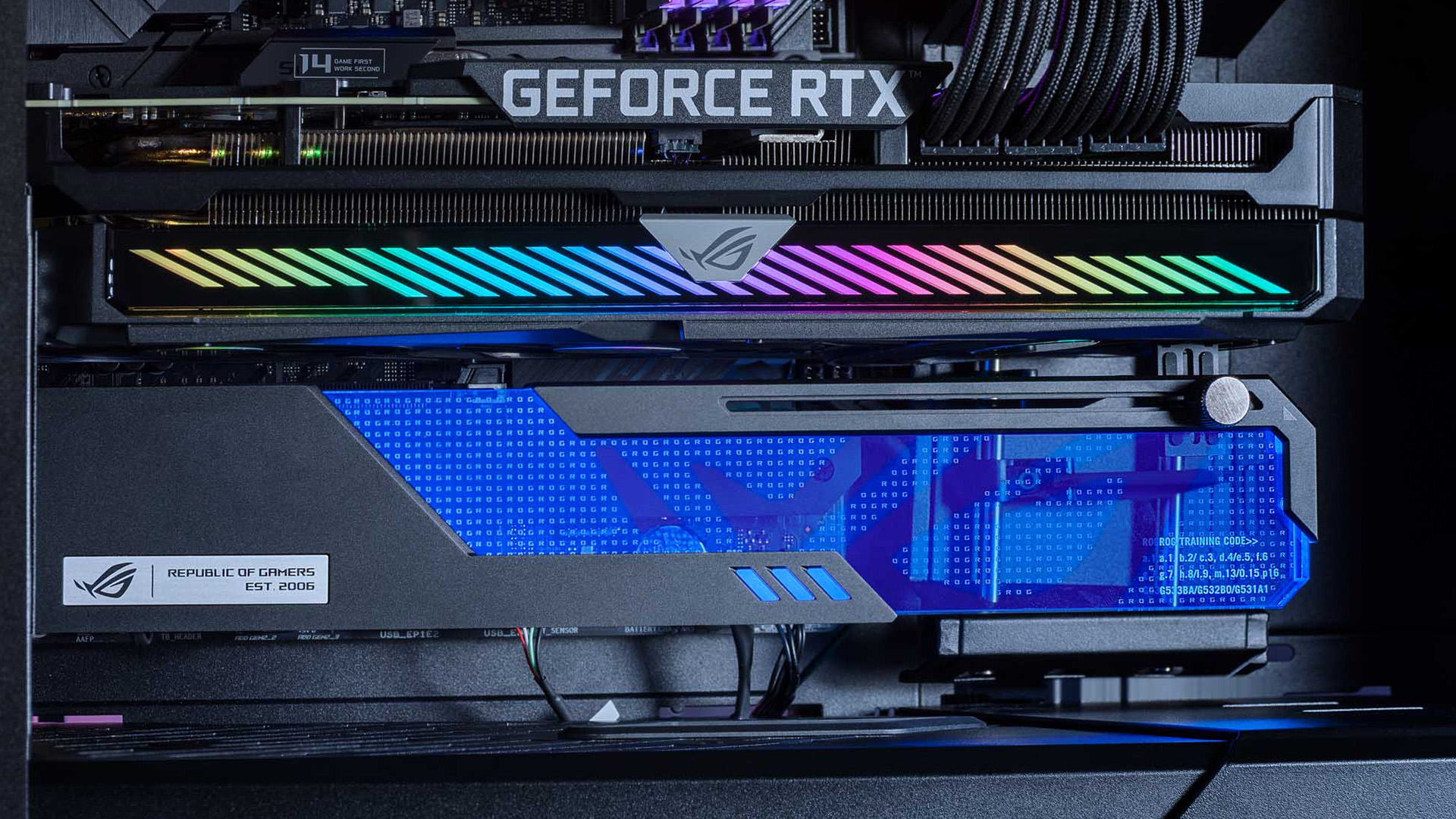 An ASUS ROG graphics card held level by a custom support brace in a PC.