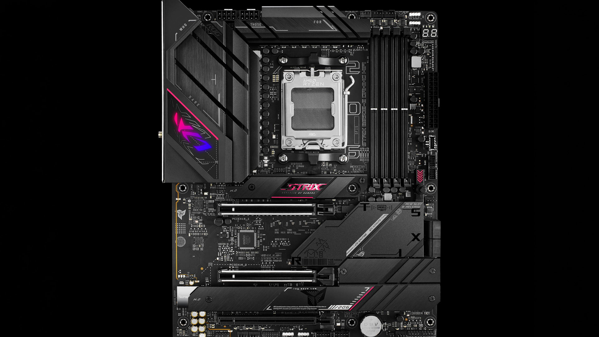 High-end AM5 motherboard featuring an installed processor socket and heatsinks.