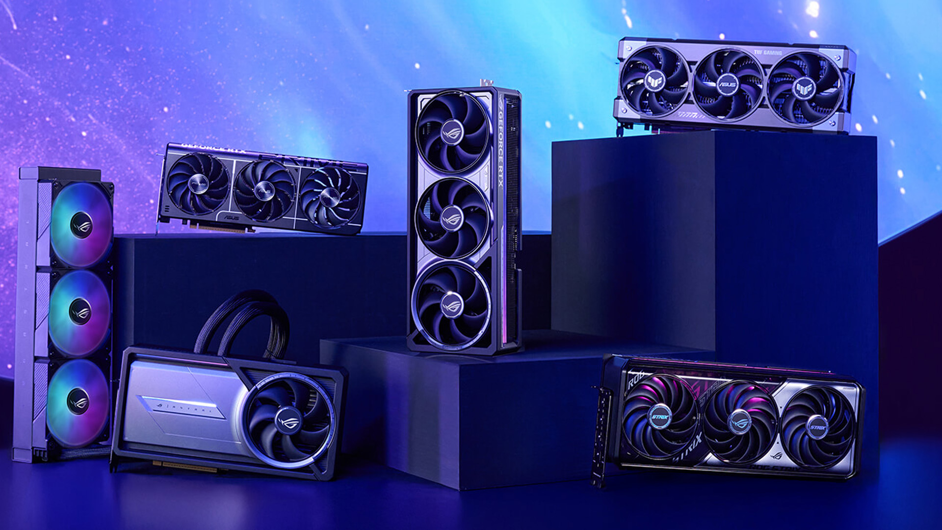 Collection of premium ASUS ROG Strix and TUF gaming graphics cards.