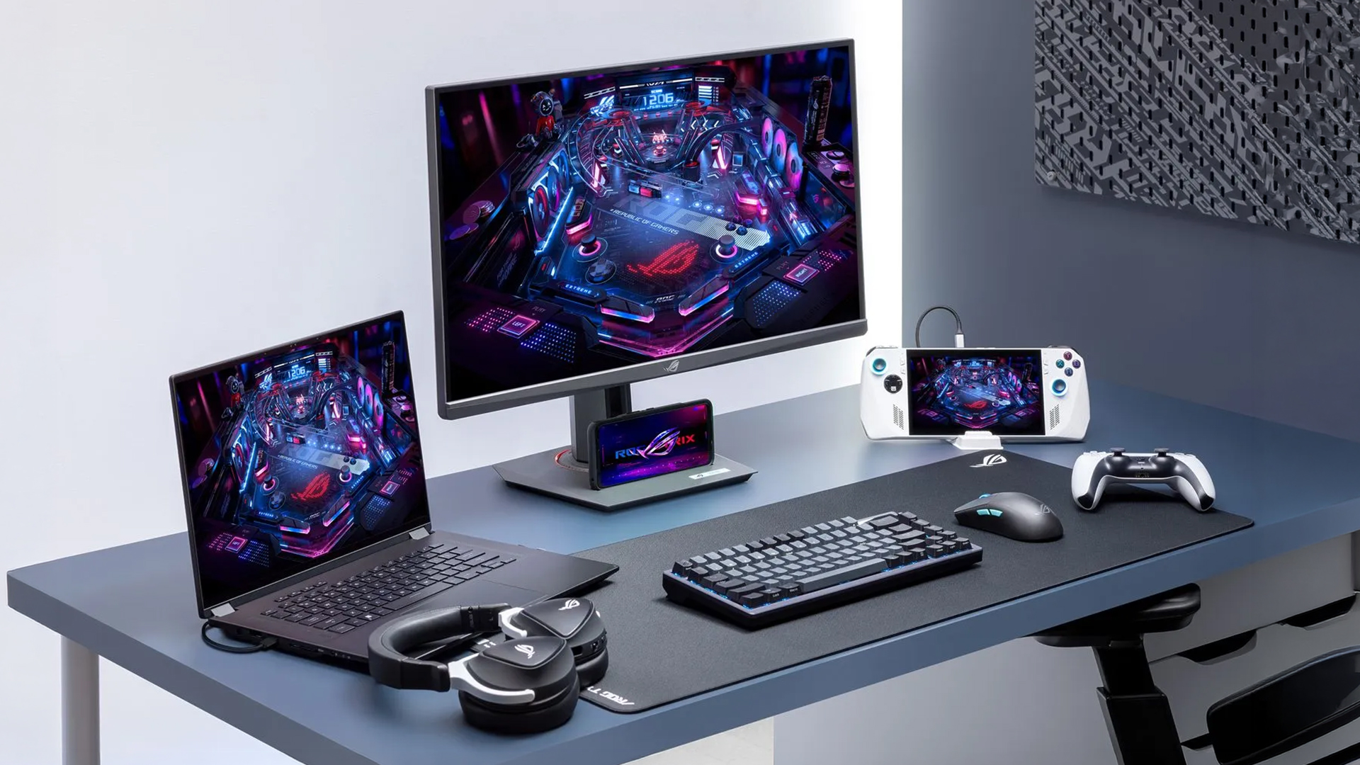 SUS ROG Strix XG27UCGR Gen2 monitor on a gaming desk with a cyberpunk city display.