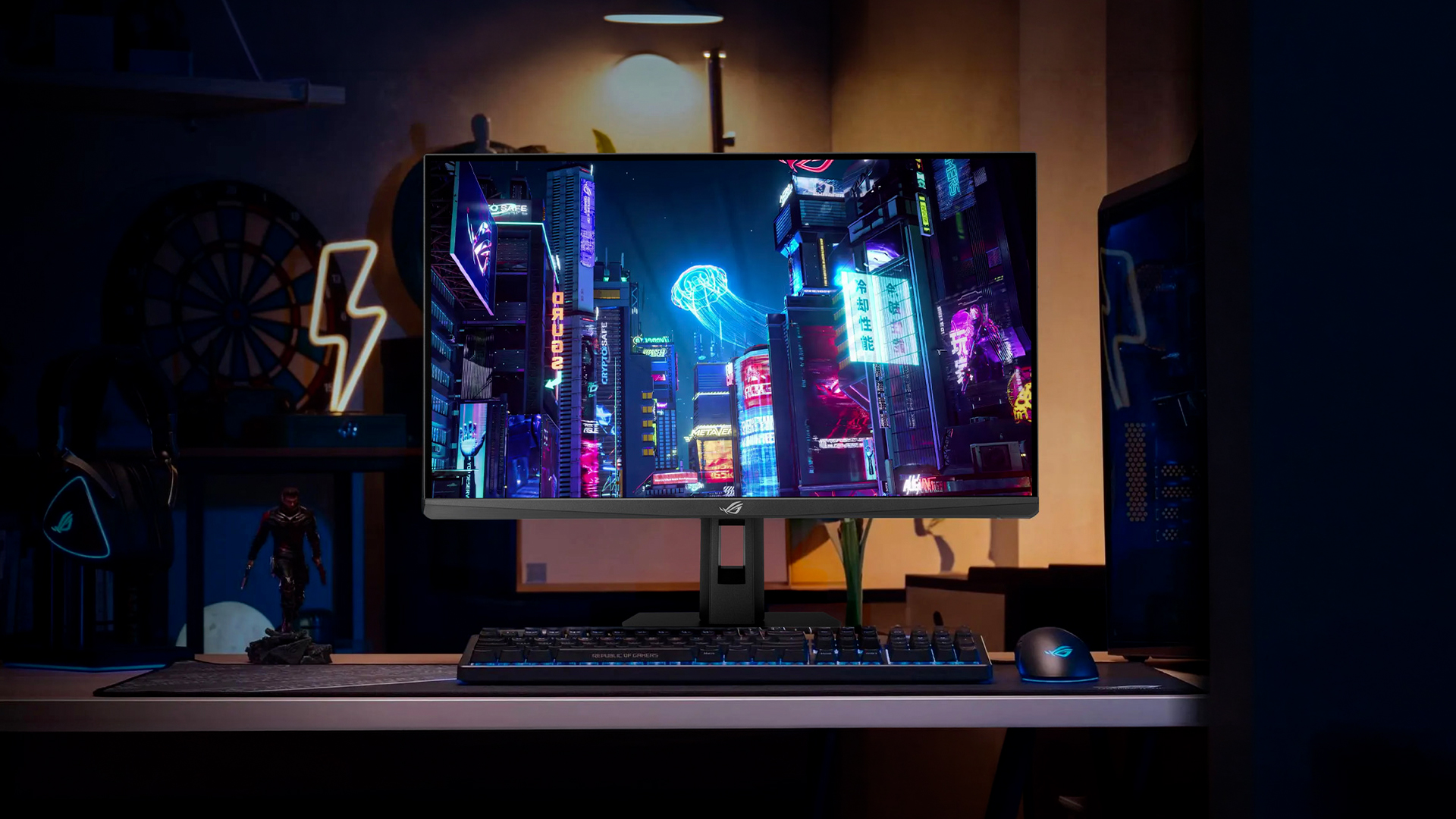 ASUS ROG Strix XG27UCGR Gen2 monitor showing 4K 162Hz and 485Hz FHD dual-mode graphics.