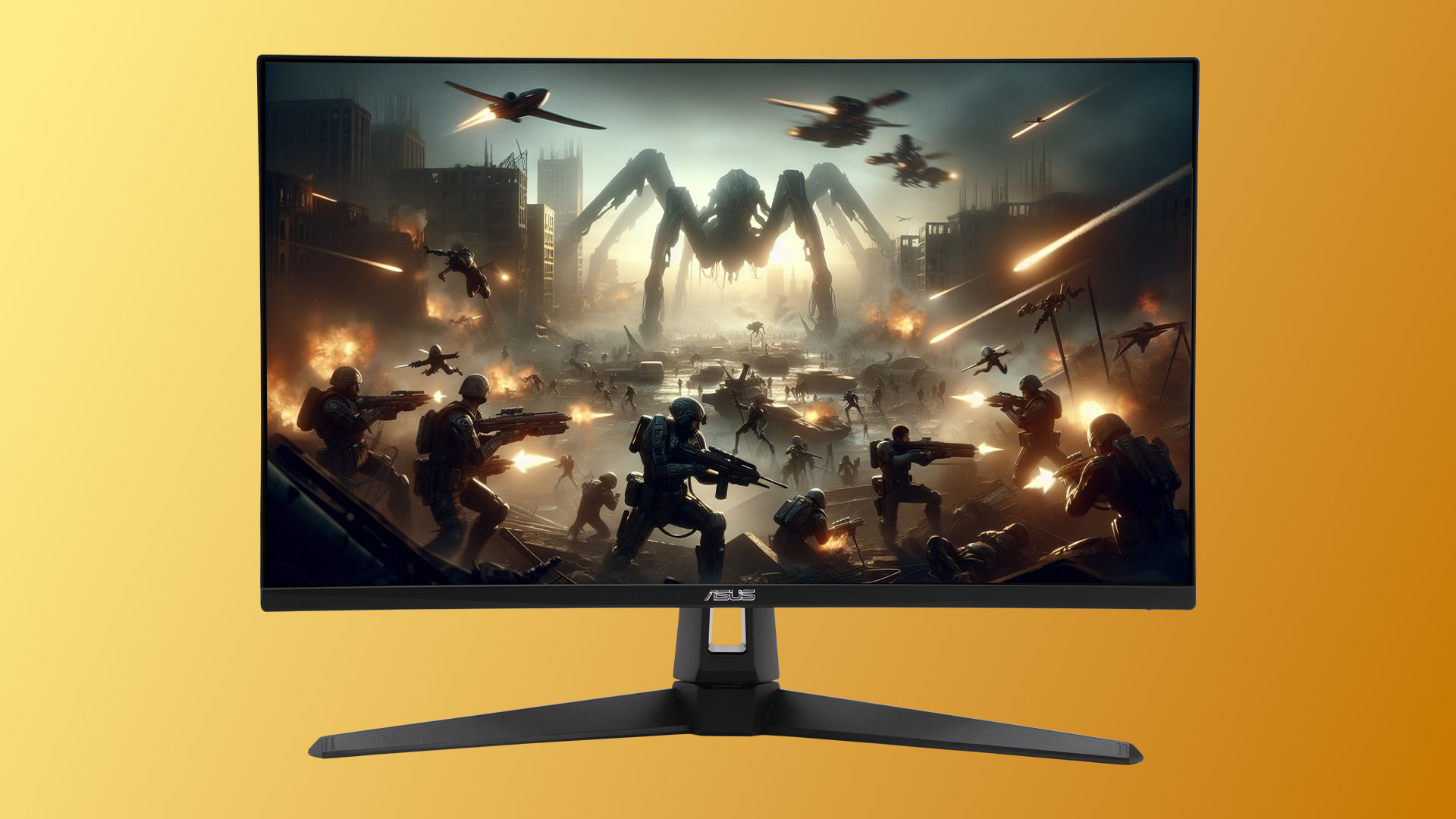 ASUS VG27AQM5F 320Hz monitor displaying an action-packed video game.