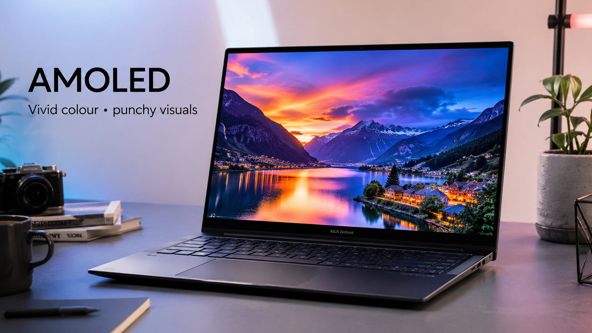 ASUS Zenbook AMOLED laptop screen displaying vibrant sunset landscape visuals.