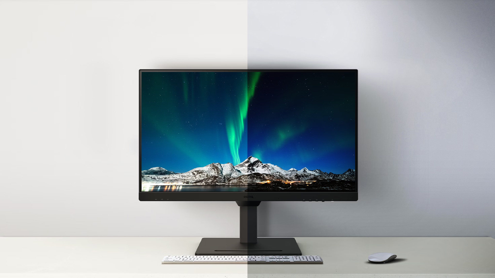 A BenQ monitor demonstrating eye-care technology and brightness adjustment.