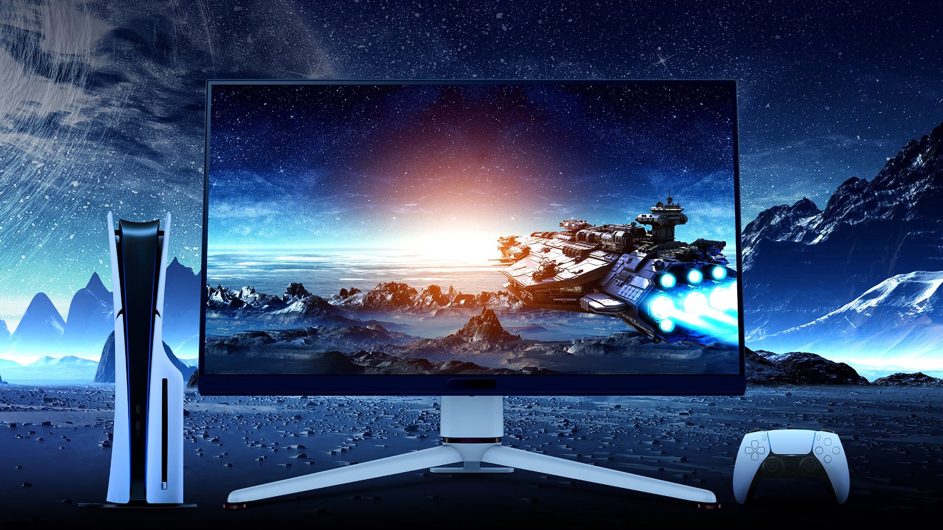A BenQ gaming monitor displaying a space scene next to a console.